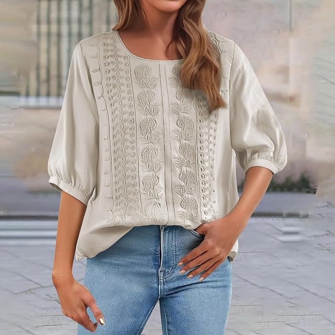 Linen Blouses for Women â 3/4 Sleeve Boho Embroidered Tops