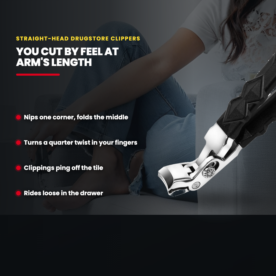Why straight-head drugstore clippers make you cut by feel at arm's length