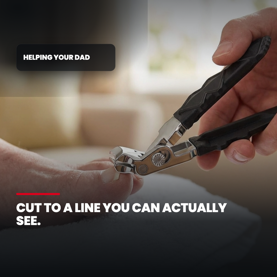Trimming a thick toenail with the angled-head clipper, cut line visible