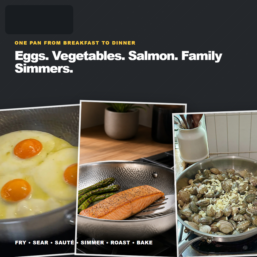 Eggs salmon vegetables and clams prepared in the titanium pan