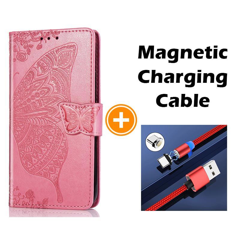 Étui portefeuille en cuir gaufré de luxe avec papillon pour Samsung Galaxy S10