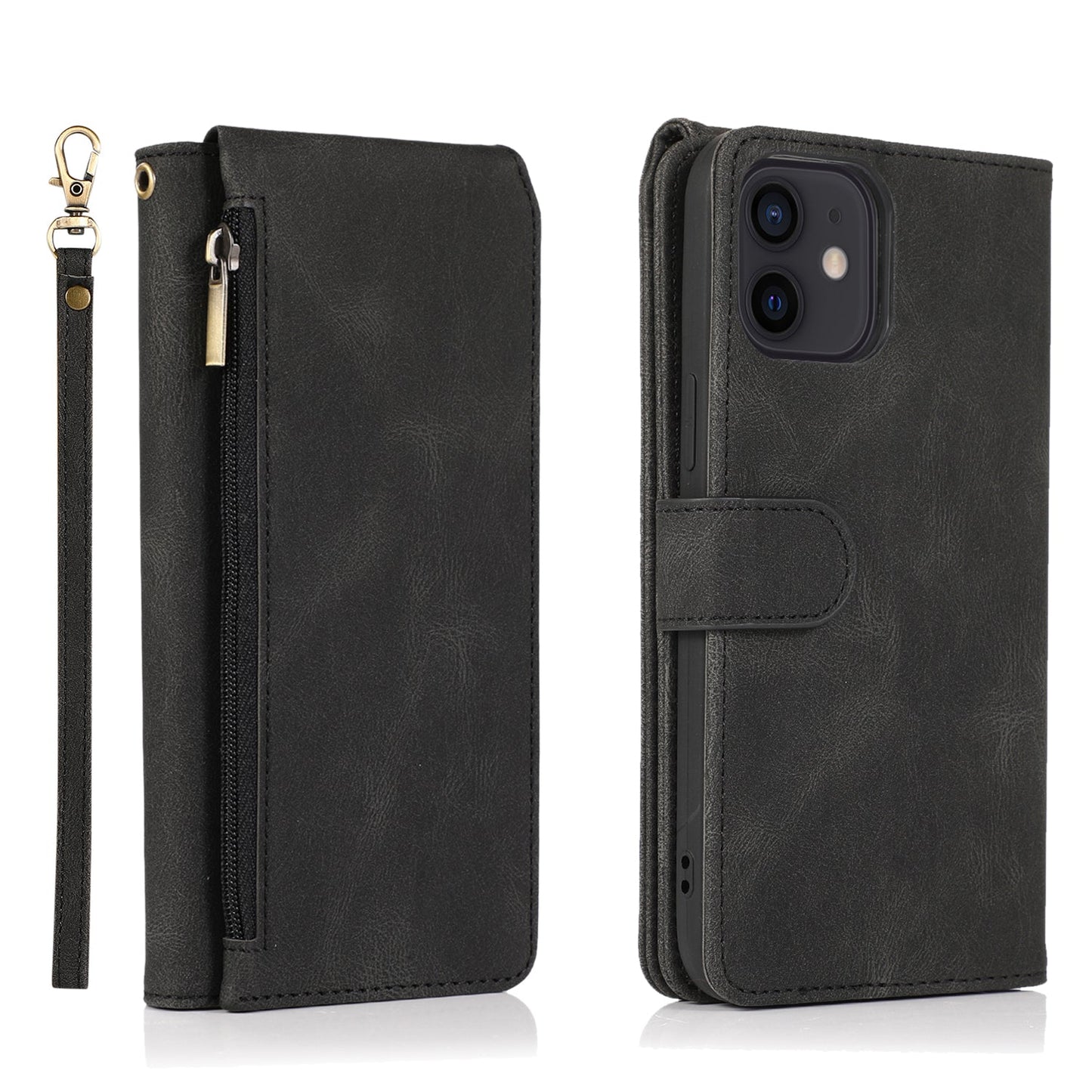 Étui en Cuir à Fermeture Éclair Multi-cartes Sensation Peau Luxueuse Pour iPhone