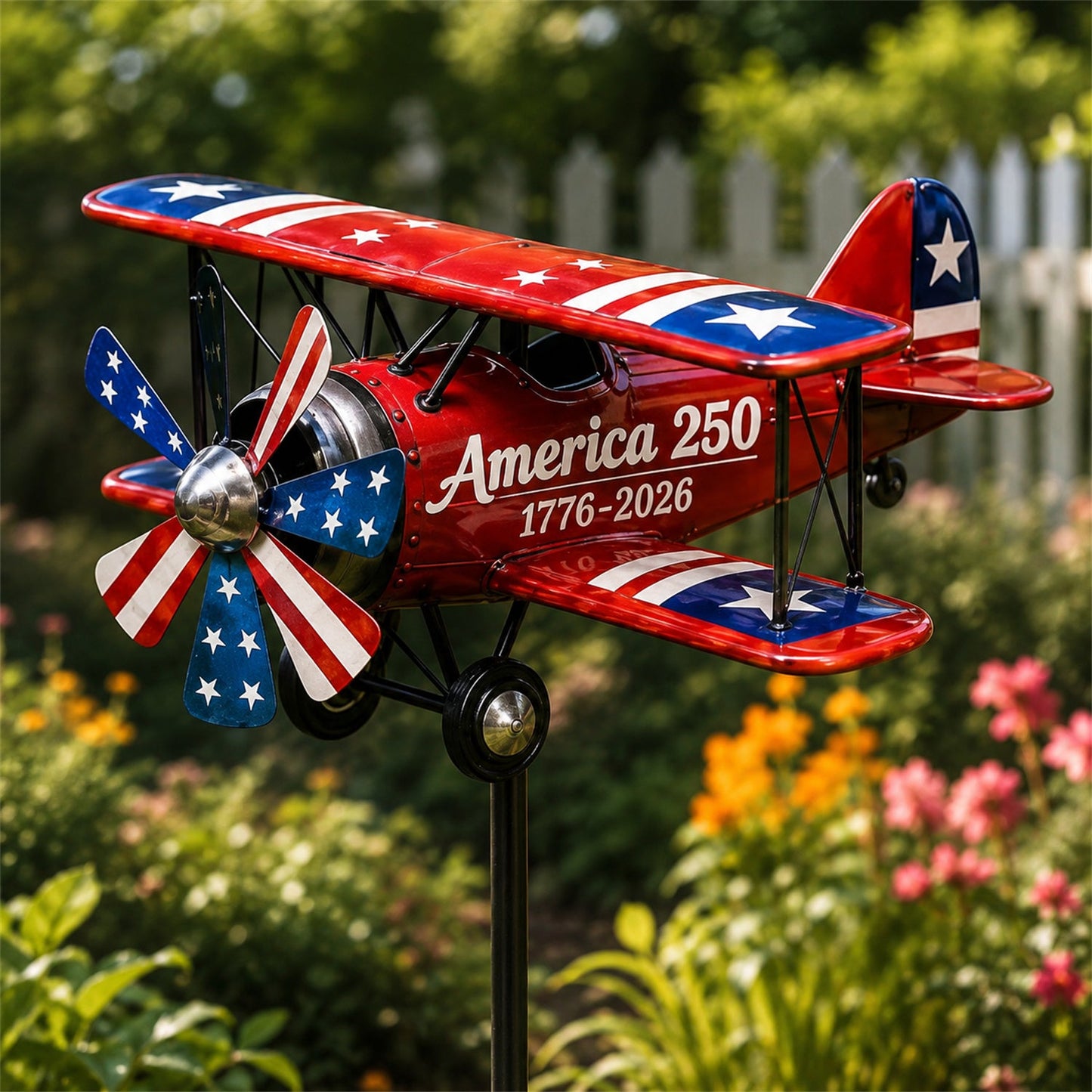 USA 250th Anniversary Biplane Garden Wind Spinner
