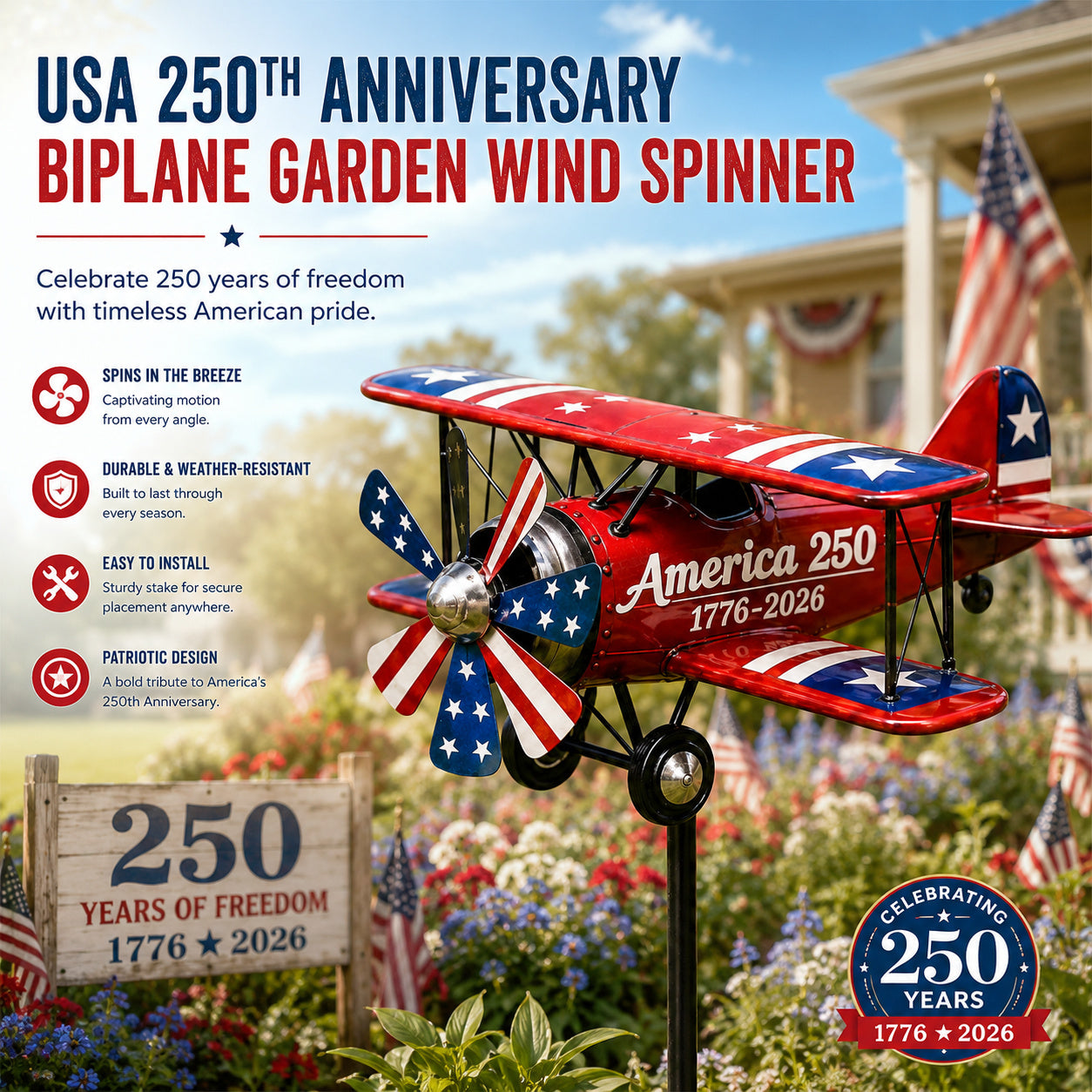 USA 250th Anniversary Biplane Garden Wind Spinner