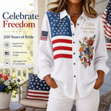 USA 250th Anniversary Embroidered Floral Long‑Sleeve Shirt for Women