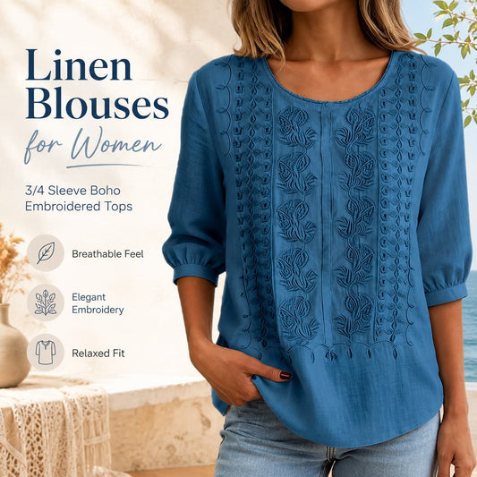 Linen Blouses for Women – 3/4 Sleeve Boho Embroidered Tops