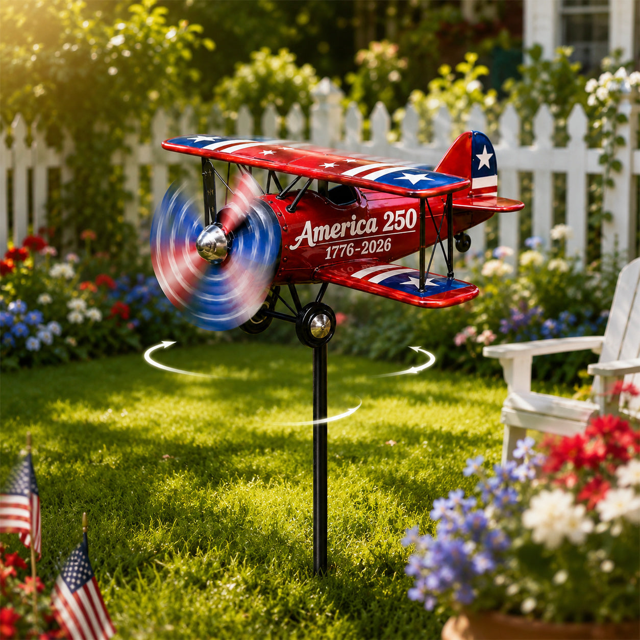 USA 250th Anniversary Biplane Garden Wind Spinner