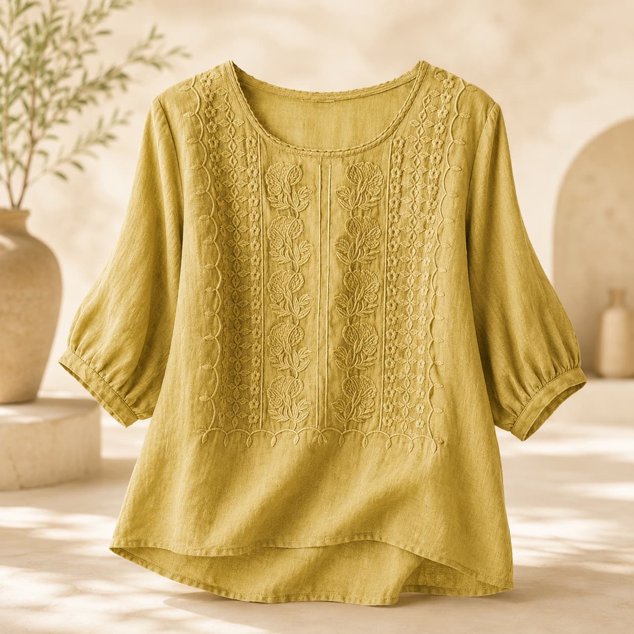Linen Blouses for Women – 3/4 Sleeve Boho Embroidered Tops