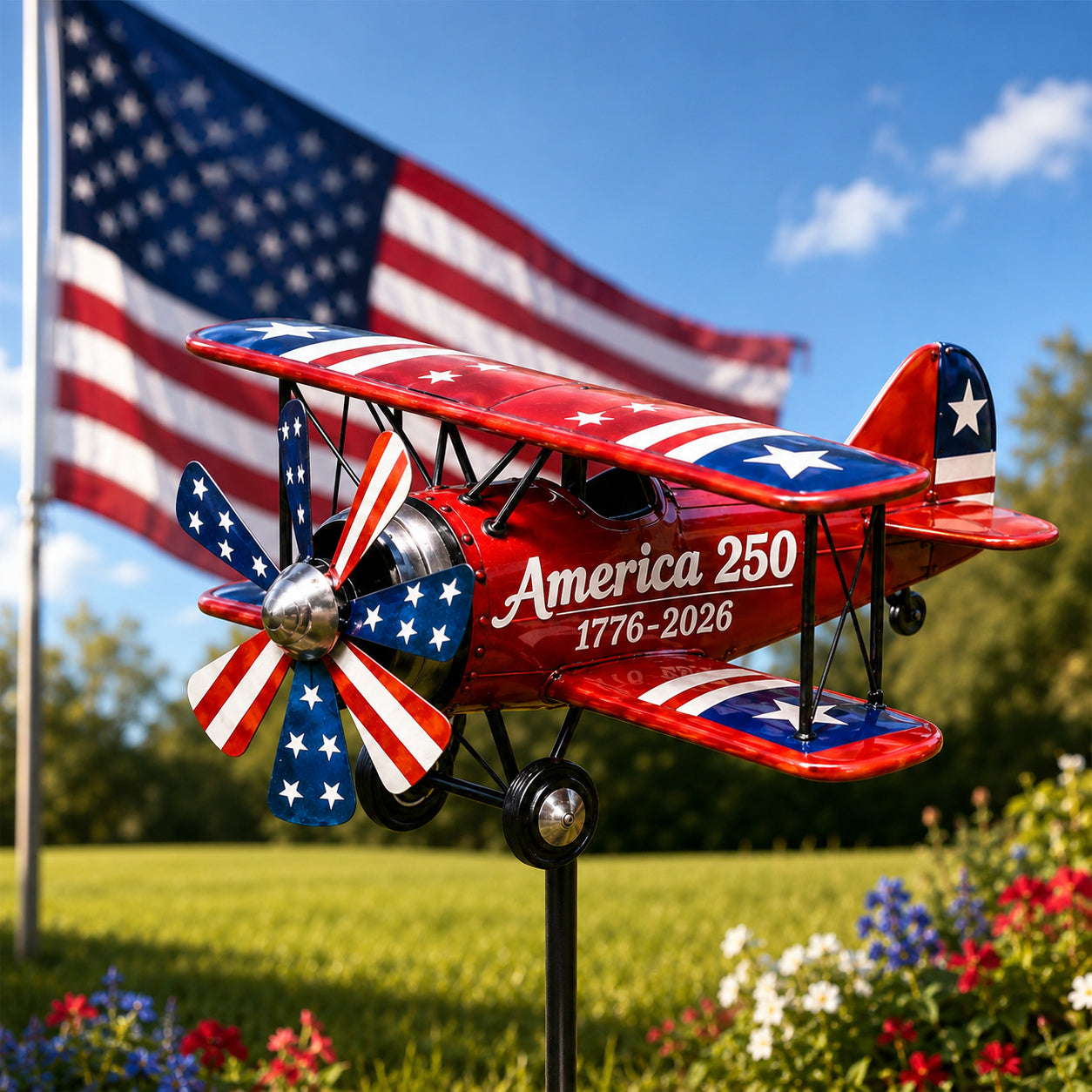 USA 250th Anniversary Biplane Garden Wind Spinner