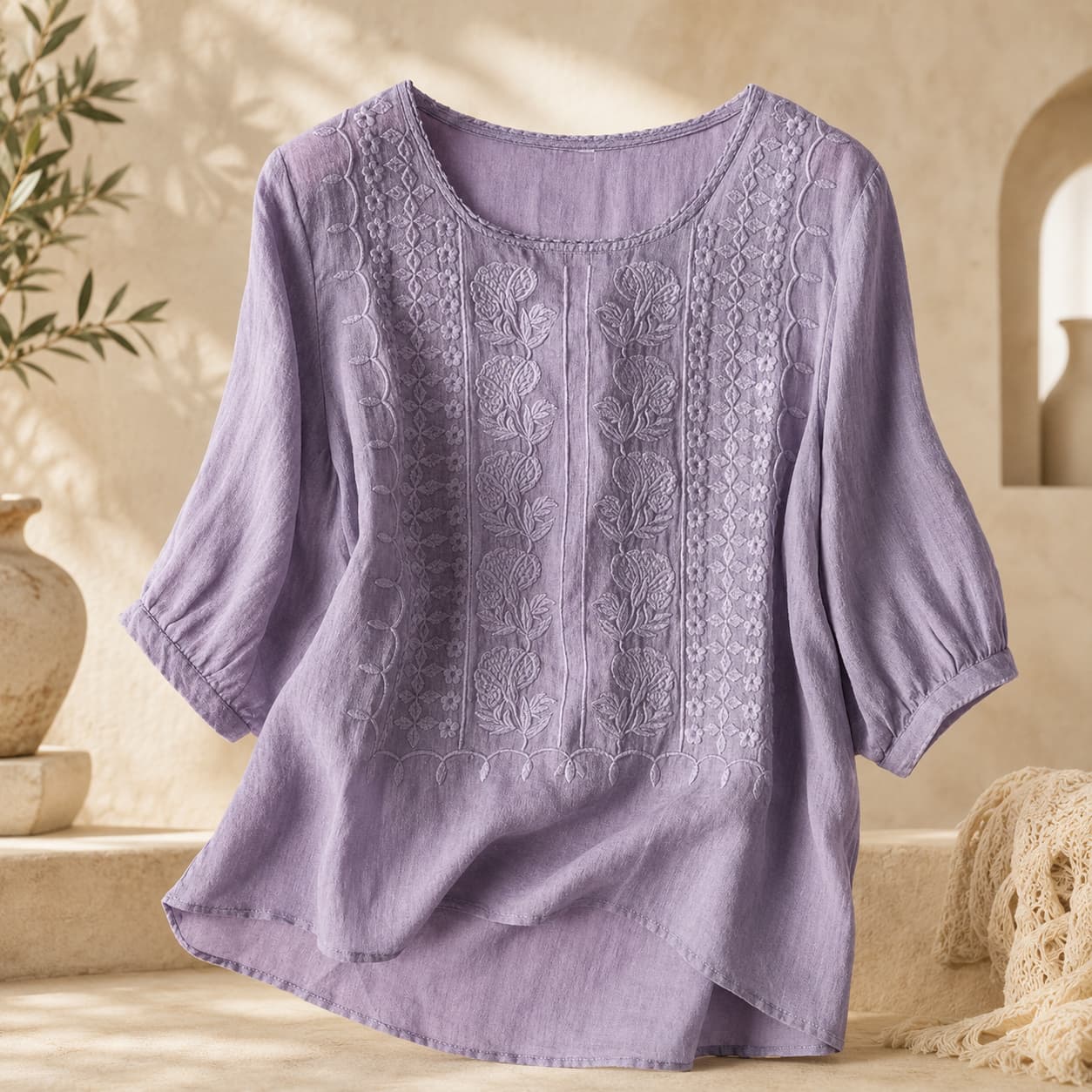 Linen Blouses for Women – 3/4 Sleeve Boho Embroidered Tops