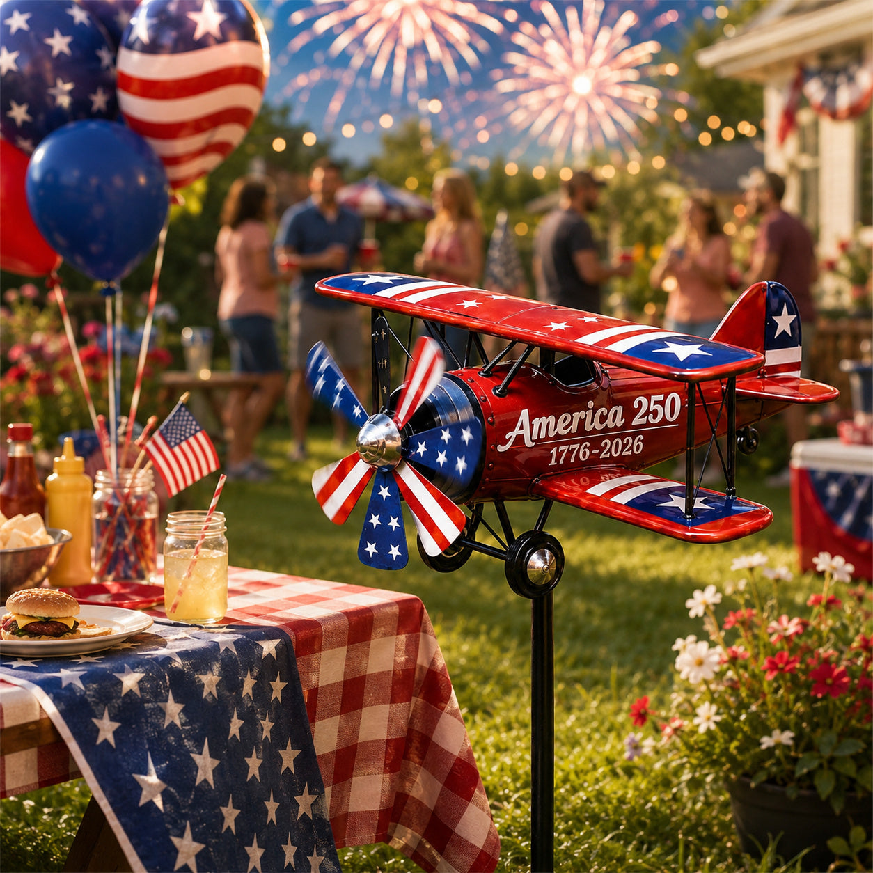 USA 250th Anniversary Biplane Garden Wind Spinner