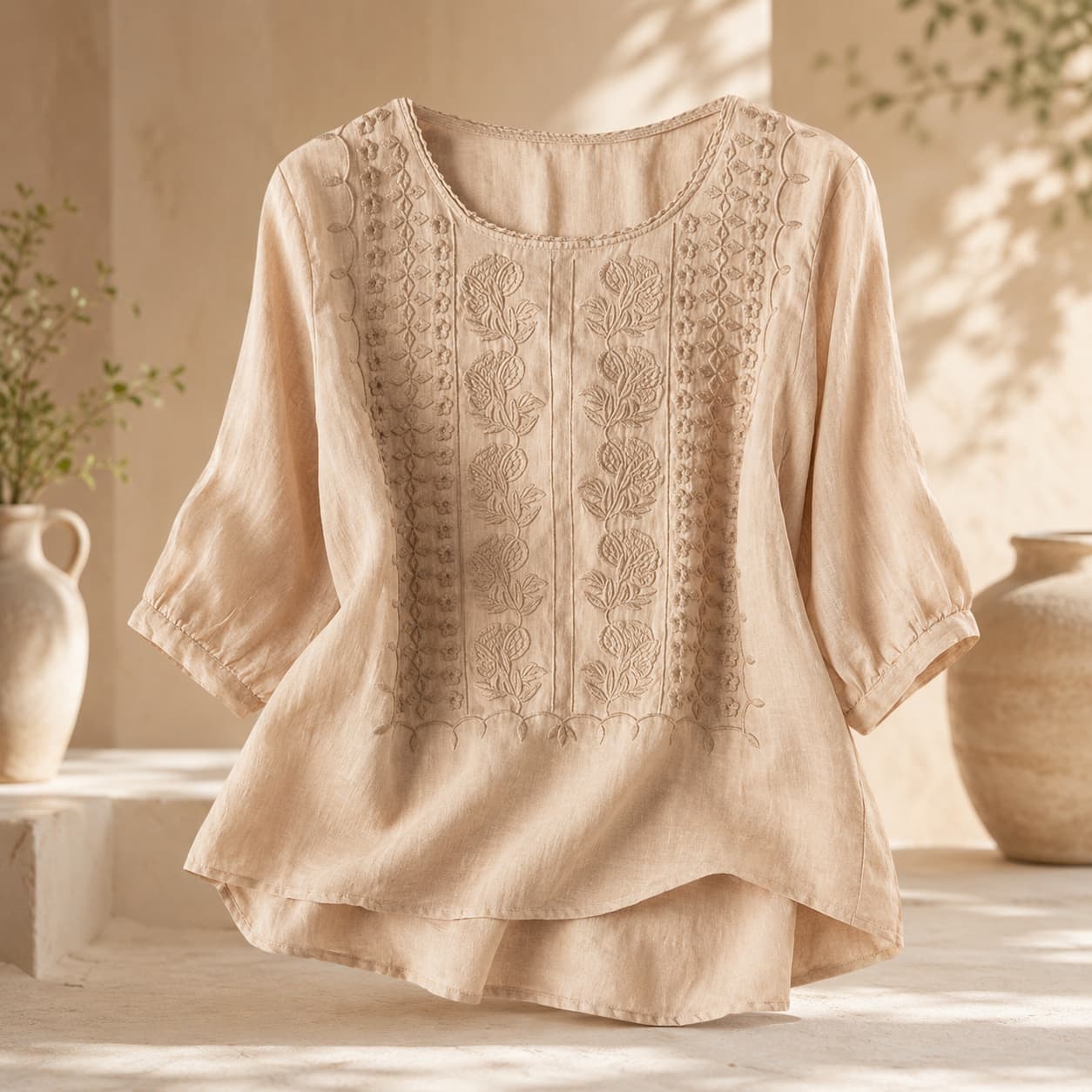 Linen Blouses for Women – 3/4 Sleeve Boho Embroidered Tops