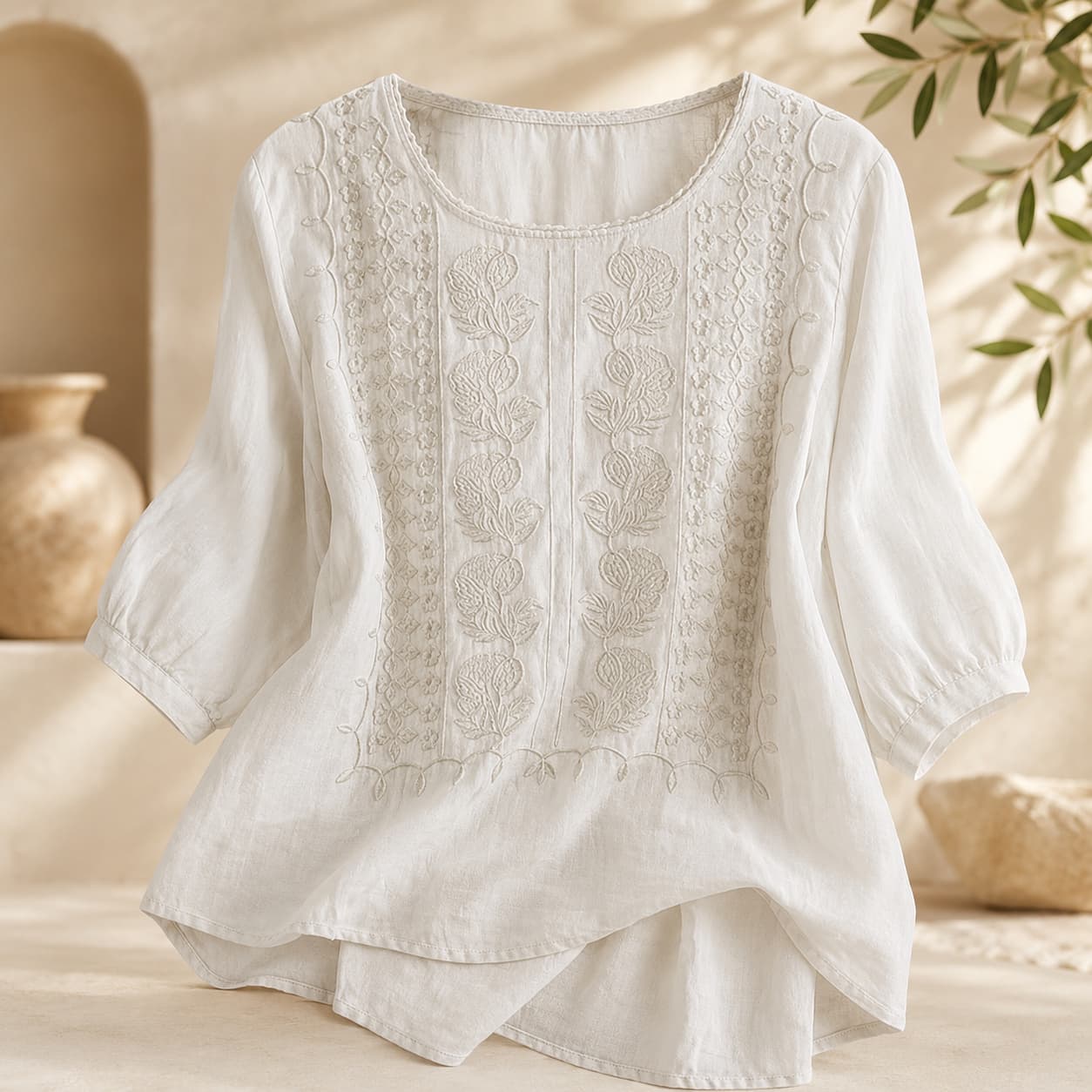 Linen Blouses for Women – 3/4 Sleeve Boho Embroidered Tops