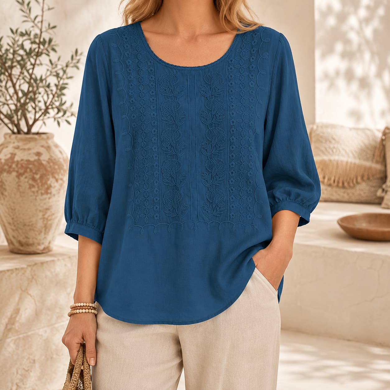 Linen Blouses for Women – 3/4 Sleeve Boho Embroidered Tops
