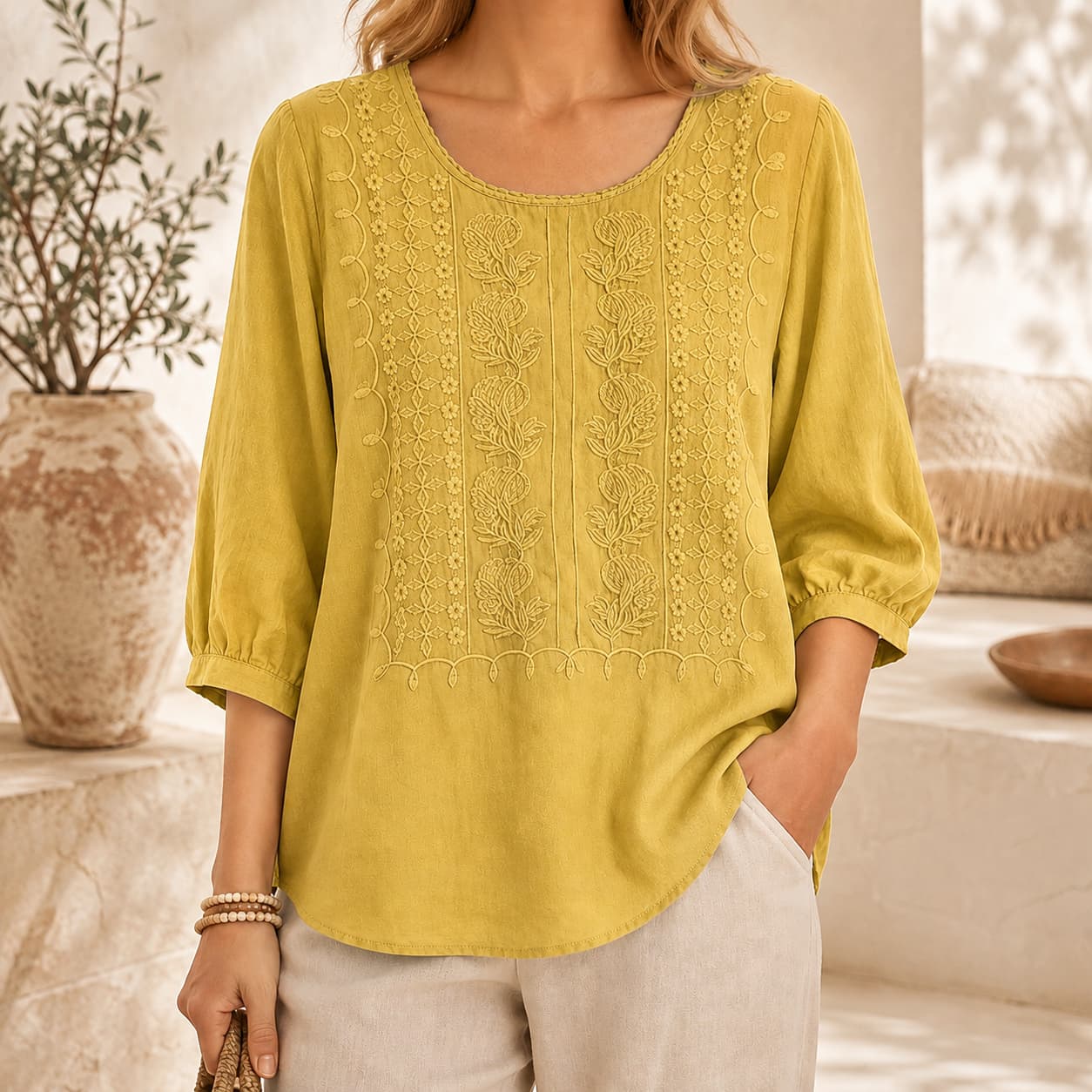 Linen Blouses for Women – 3/4 Sleeve Boho Embroidered Tops