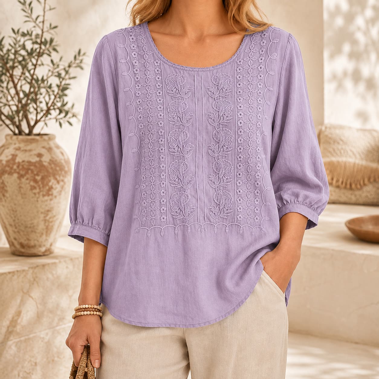 Linen Blouses for Women – 3/4 Sleeve Boho Embroidered Tops