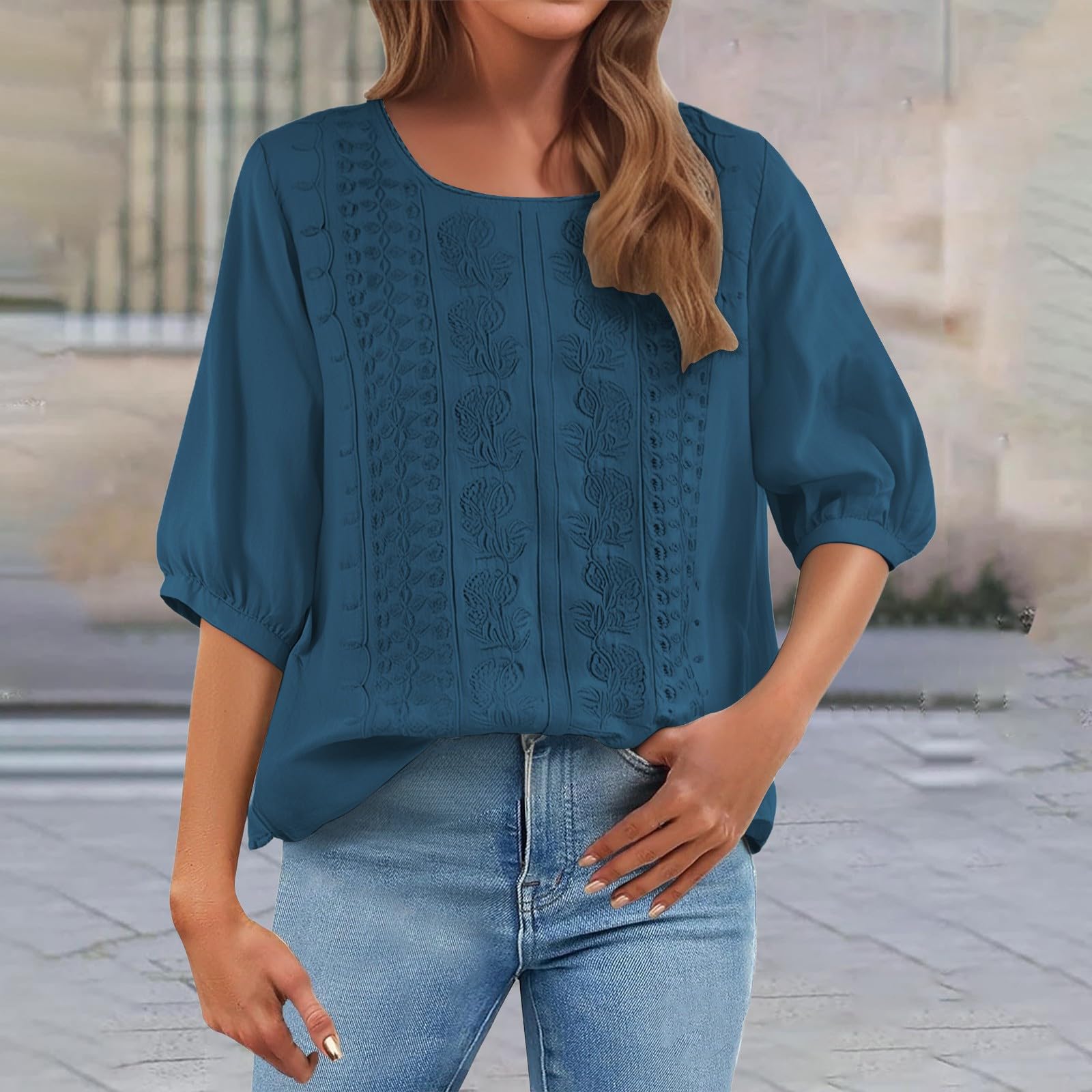 Linen Blouses for Women – 3/4 Sleeve Boho Embroidered Tops