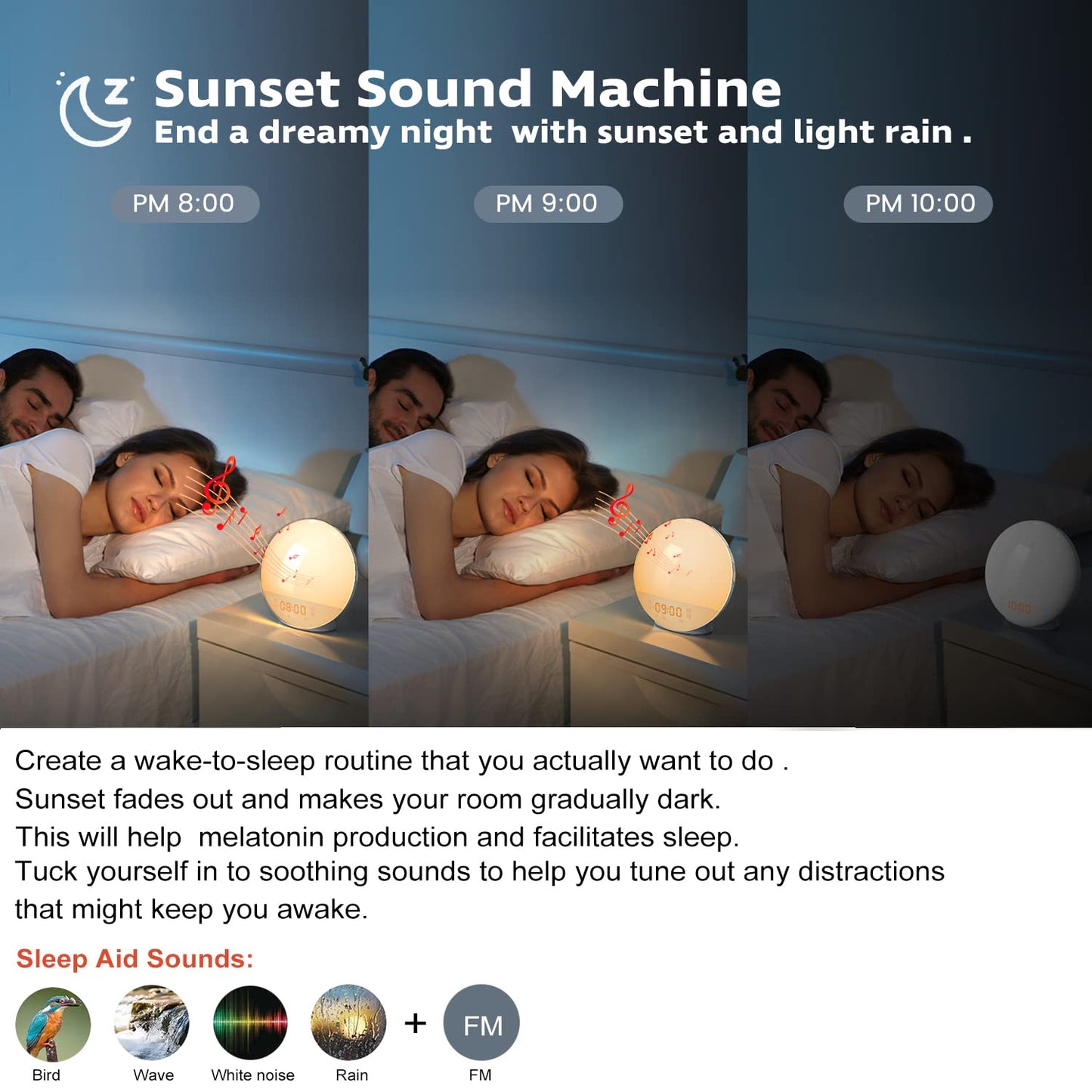 Sonnenlicht-Wecker-Radio mit Geräuschgenerator für Langschläfer