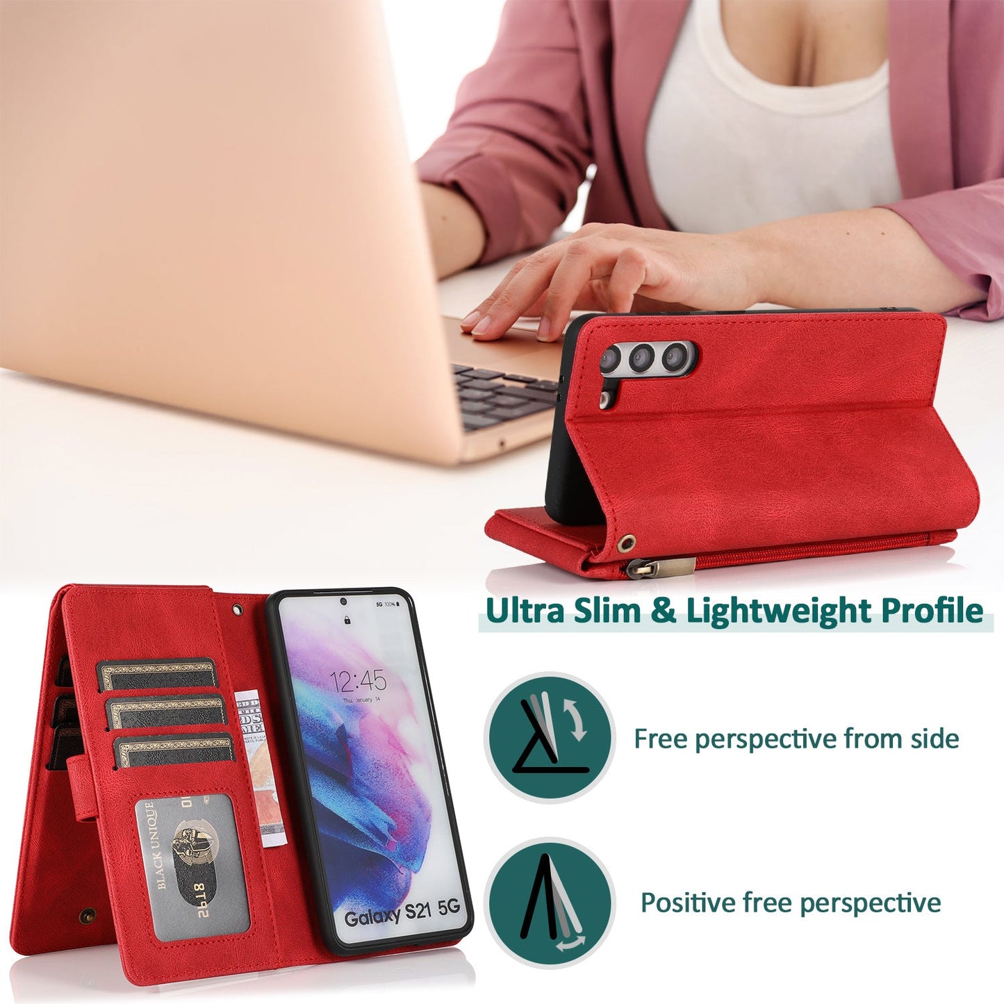 Luxuriöse Handyhülle aus Leder mit Reißverschluss und mehreren Kartenfächern für Samsung-Modelle