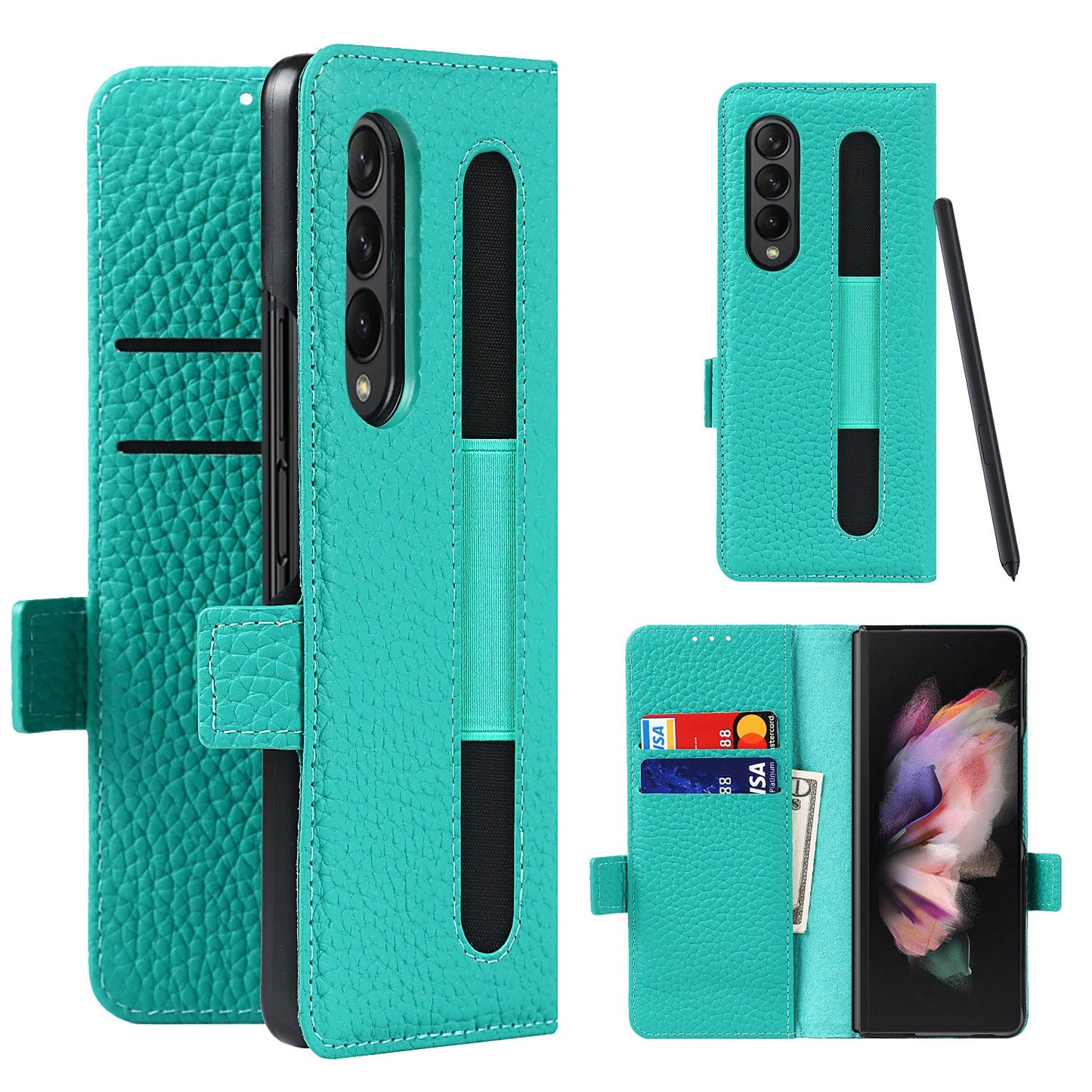 Hochwertige Litschi-Anti-Fall-Handyhülle mit Stiftschlitz für Samsung Galaxy Z Fold3 5G
