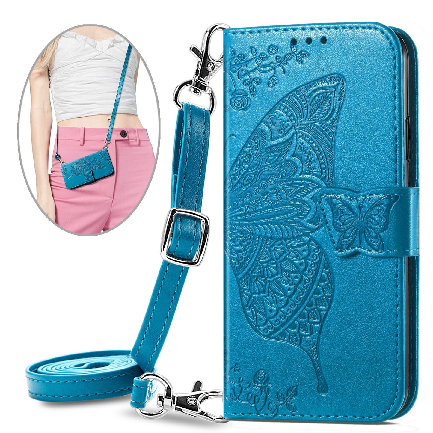 Upgrade 3D Schmetterling Leder Brieftasche Flip Case mit Trageband für Samsung