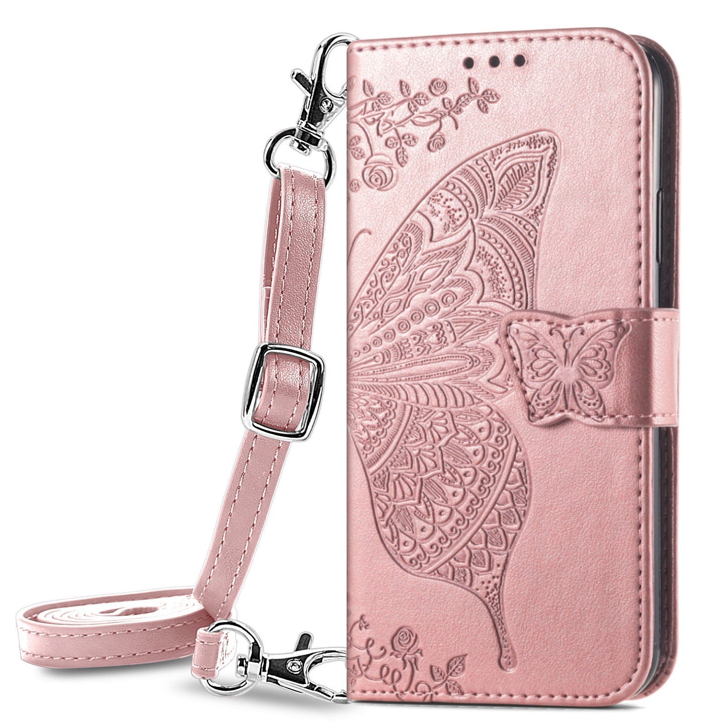 Upgrade 3D Schmetterling Leder Brieftasche Flip Case mit Trageband für Samsung