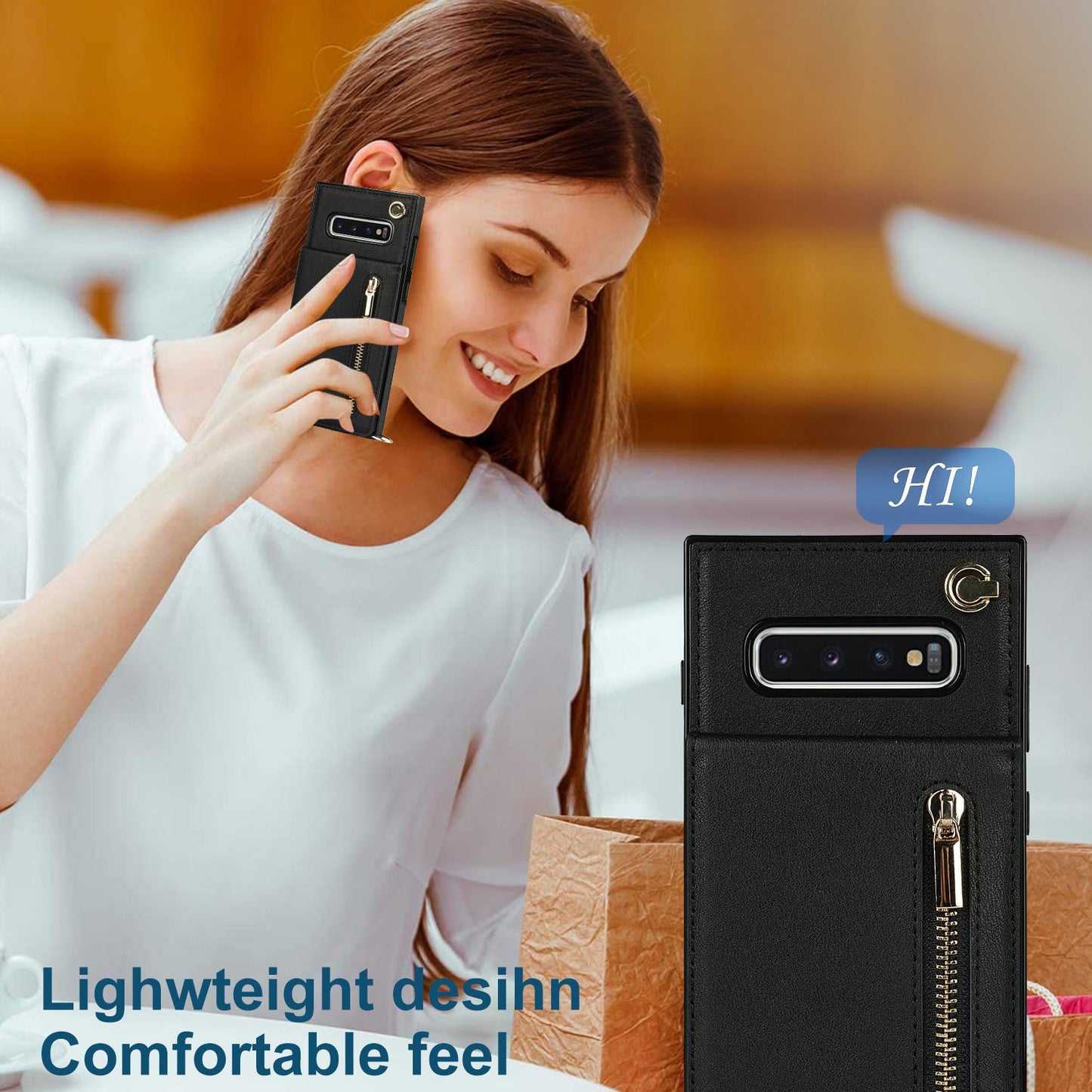 Nouvel étui de téléphone portefeuille à fermeture éclair bandoulière pour Samsung S10