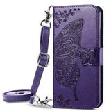 Upgrade 3D Butterfly Leather Wallet Flip Case With Lanyard For Samsung