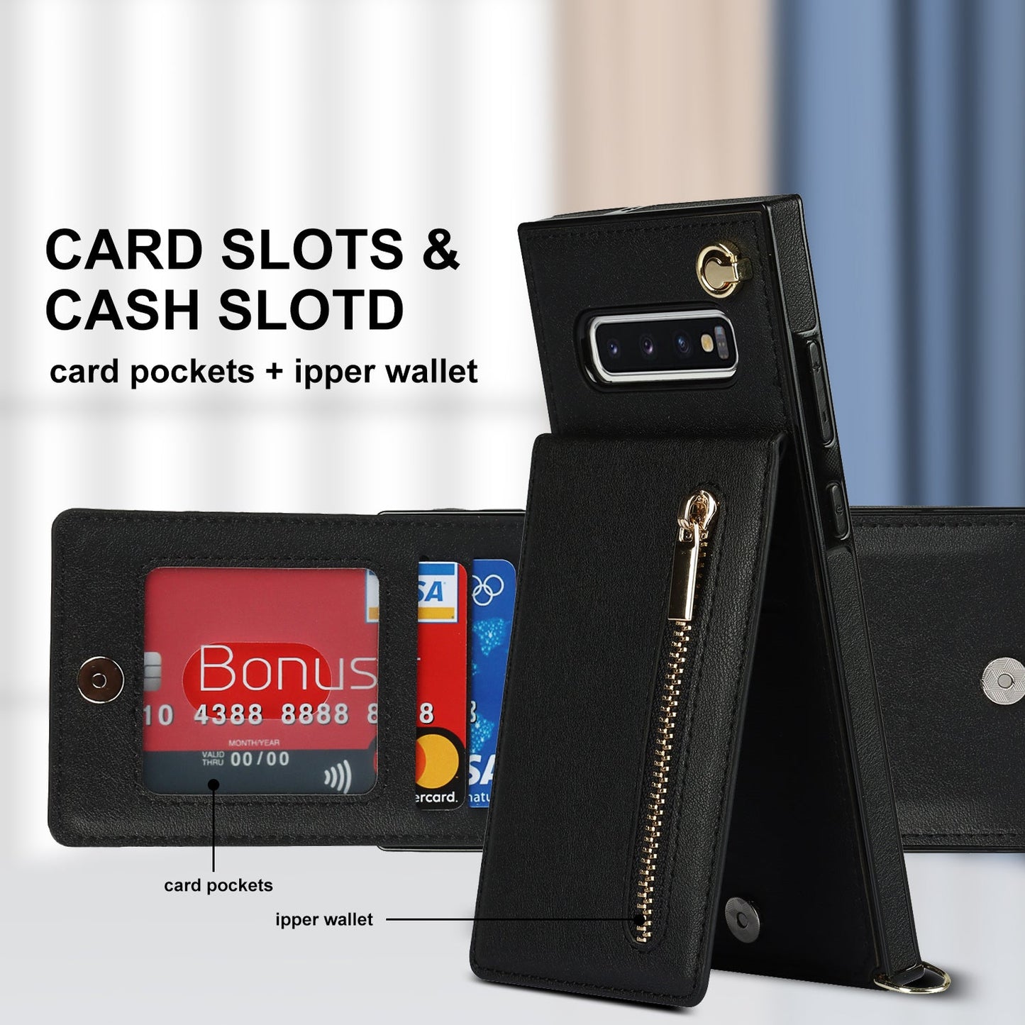 Nouvel étui portefeuille croisé zippé pour téléphone Samsung S10 Plus