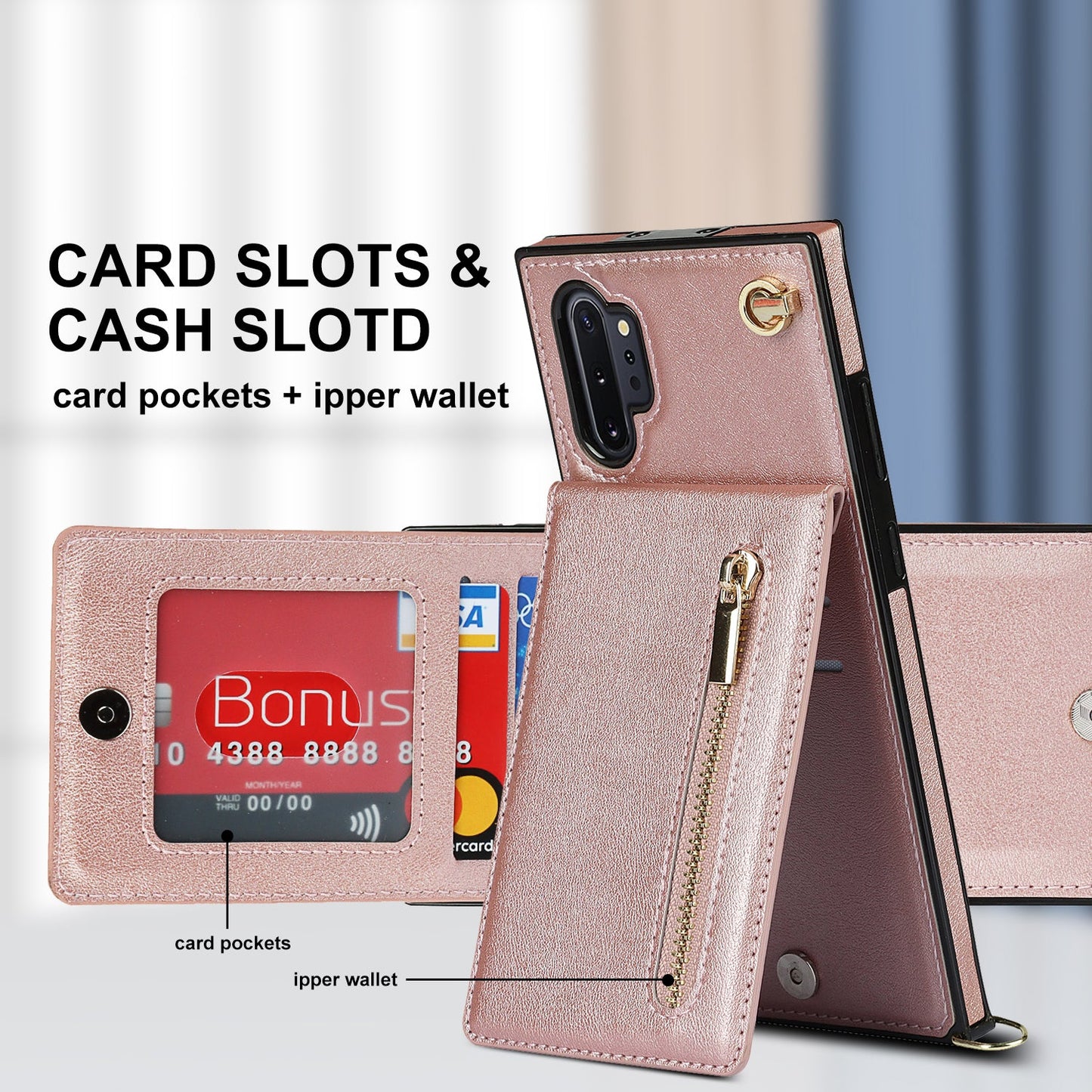Nouvel étui de téléphone portefeuille à fermeture éclair bandoulière pour Samsung Note10 Plus