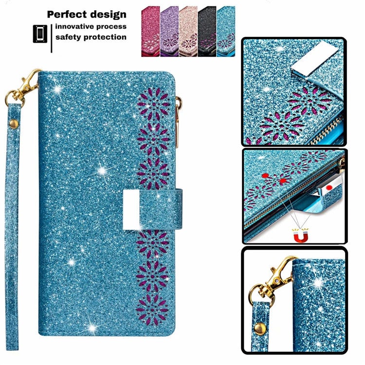 Glitzernde, funkelnde, mädchenhafte Bling-Leder-Klapphülle für die Samsung S21 Serie