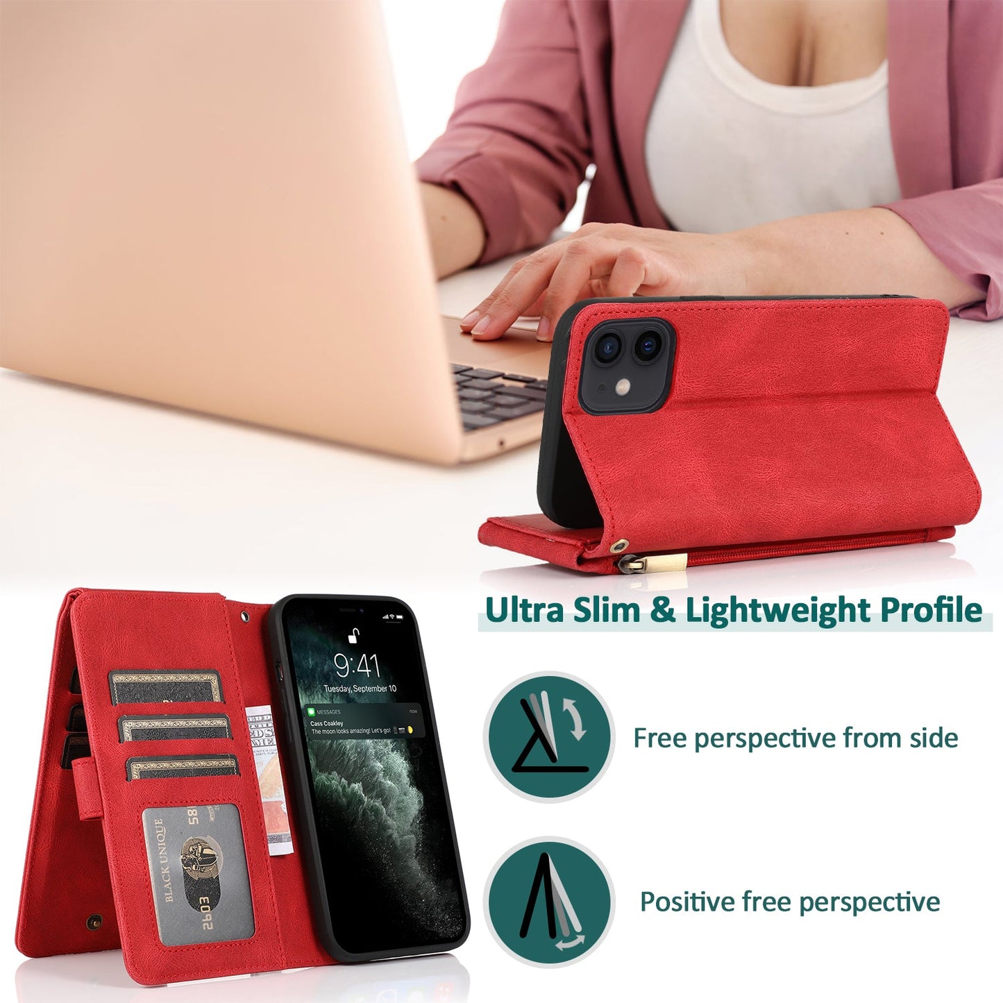 Étui en Cuir à Fermeture Éclair Multi-cartes Sensation Peau Luxueuse Pour iPhone