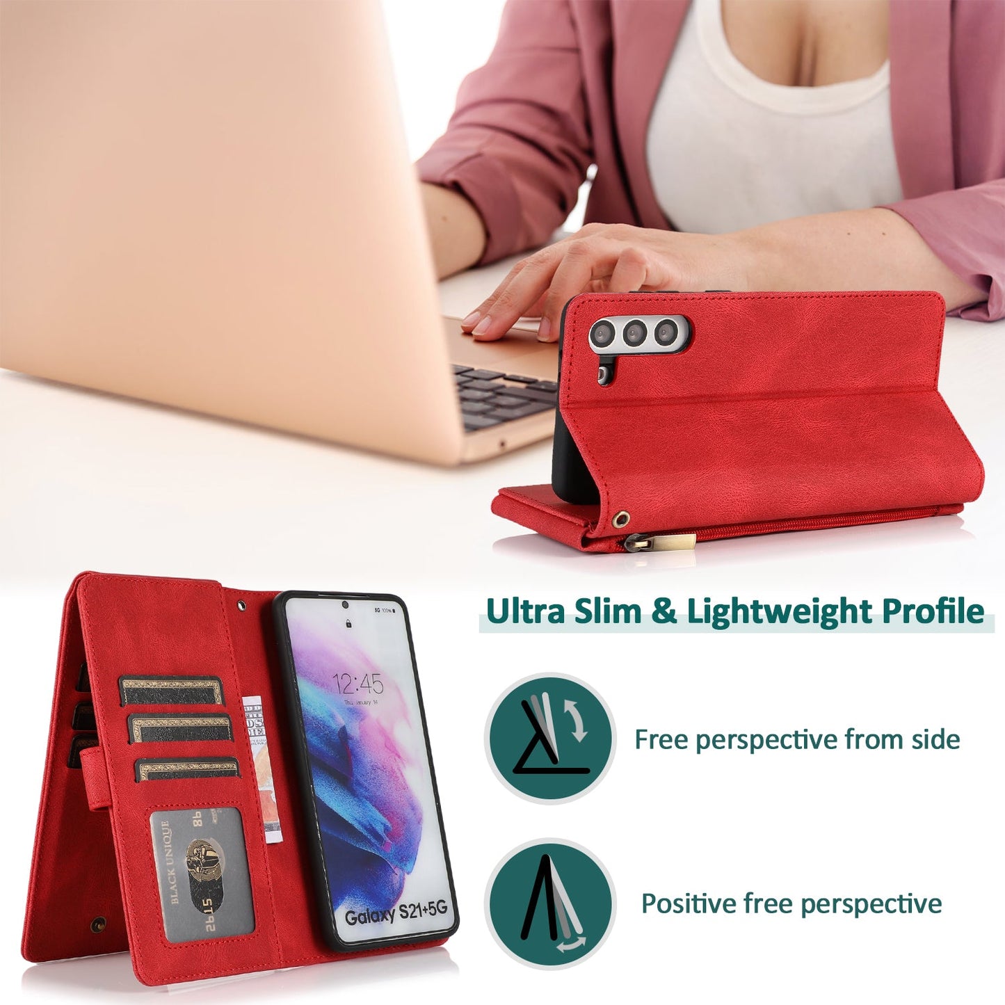 Étui en cuir de luxe avec fermeture éclair et emplacements pour cartes multiples pour Samsung S21
