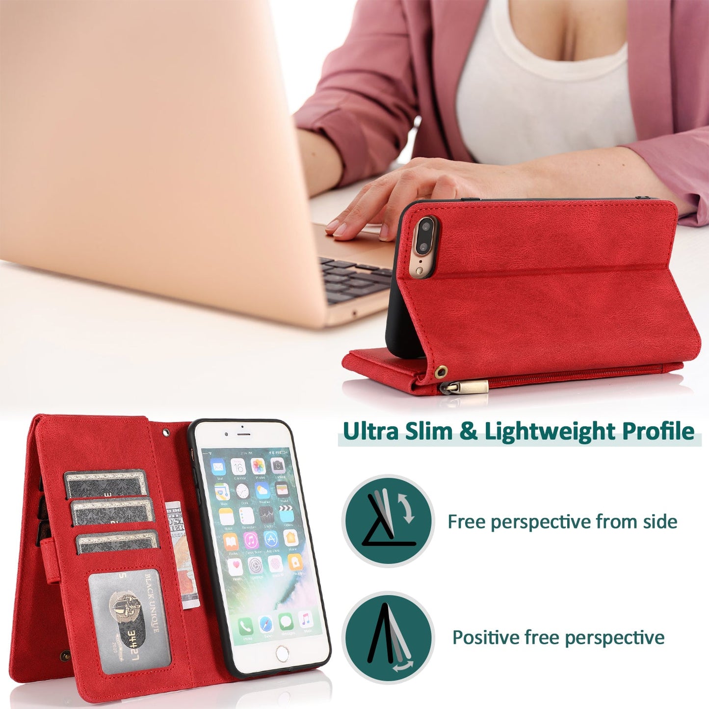 Luxuriöse Lederhülle mit Reißverschluss und mehreren Kartenfächern für iPhone 7 Plus/8 Plus