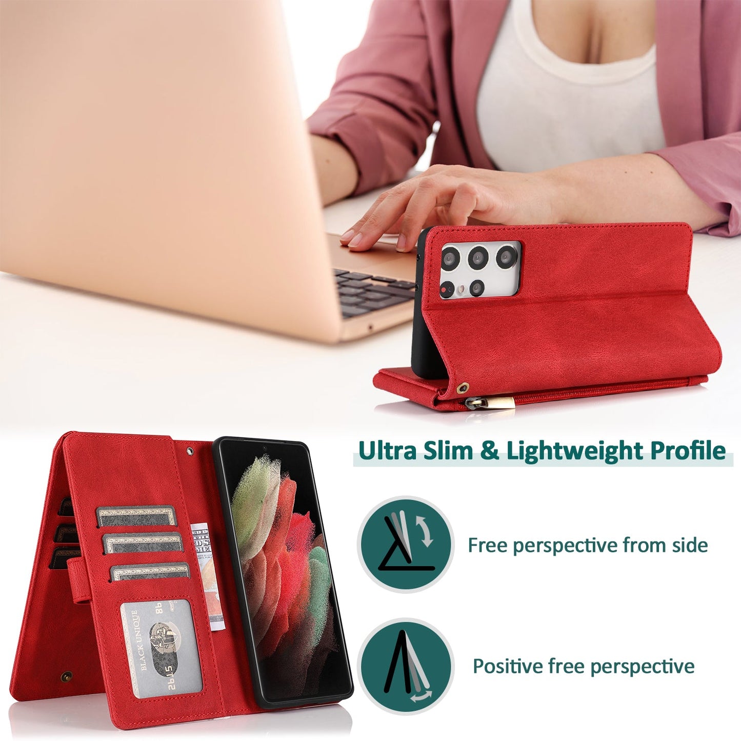 Luxus-Lederhülle mit Reißverschluss und Kartenfächern für Samsung S21 Ultra