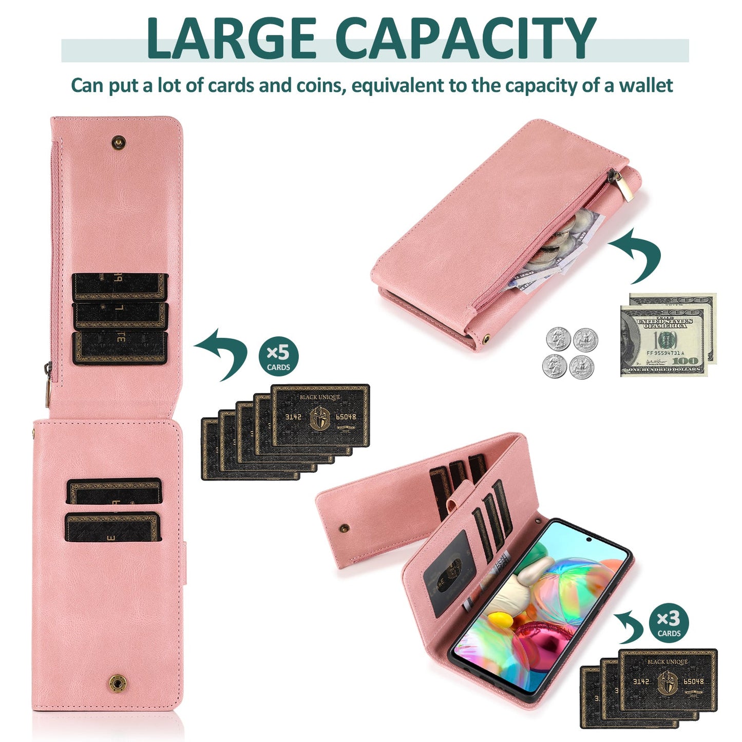 Étui en cuir de luxe à fermeture éclair multi-cartes toucher peau pour Samsung Série A