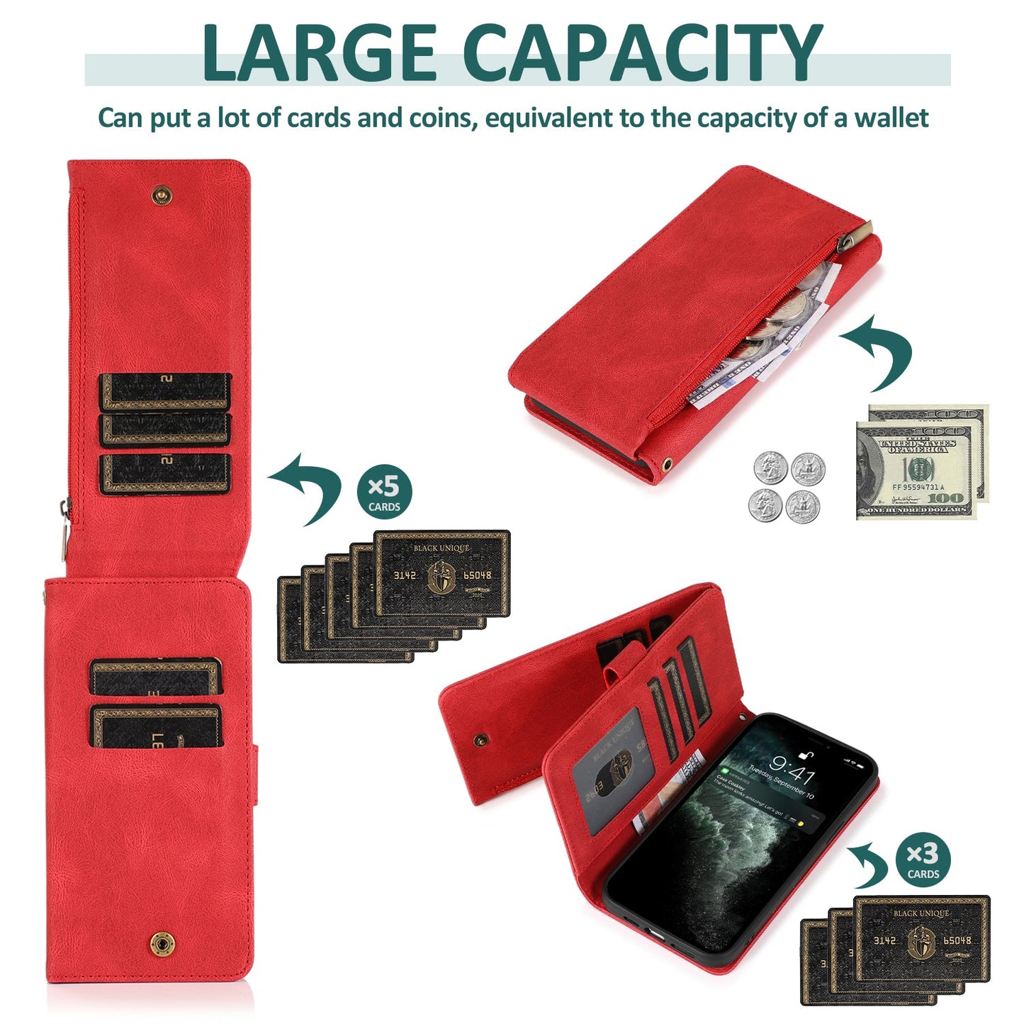 Étui en Cuir à Fermeture Éclair Multi-cartes Sensation Peau Luxueuse Pour iPhone