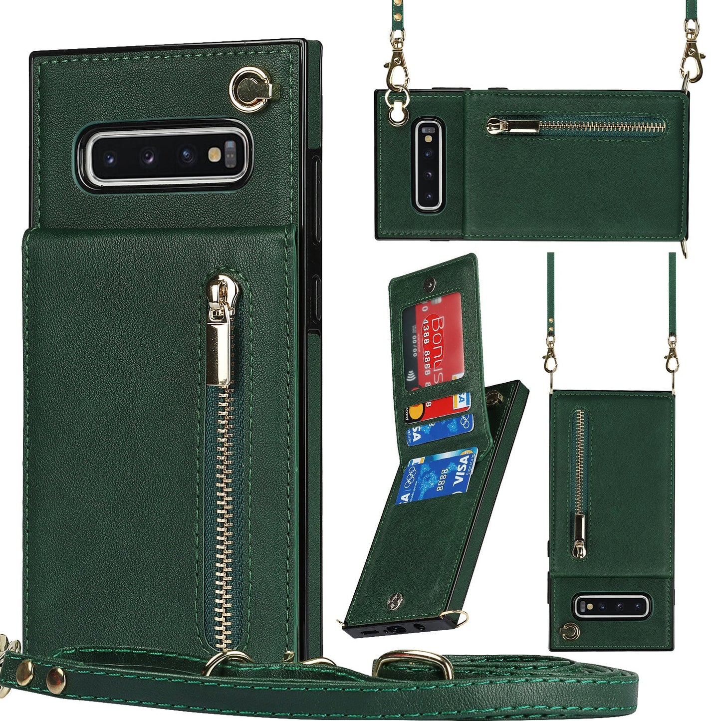 Nouvel étui de téléphone portefeuille à fermeture éclair bandoulière pour Samsung S10