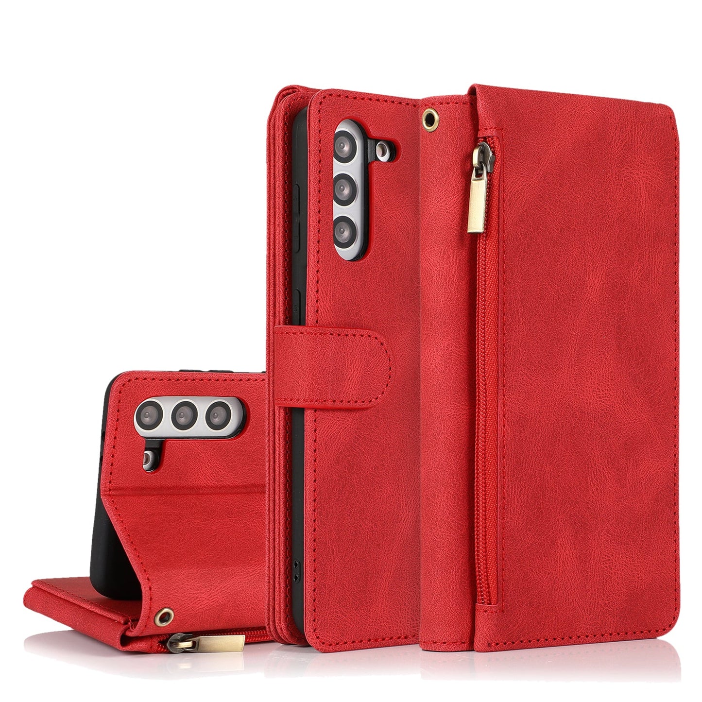 Étui en cuir de luxe avec fermeture éclair et emplacements pour cartes multiples pour Samsung S21