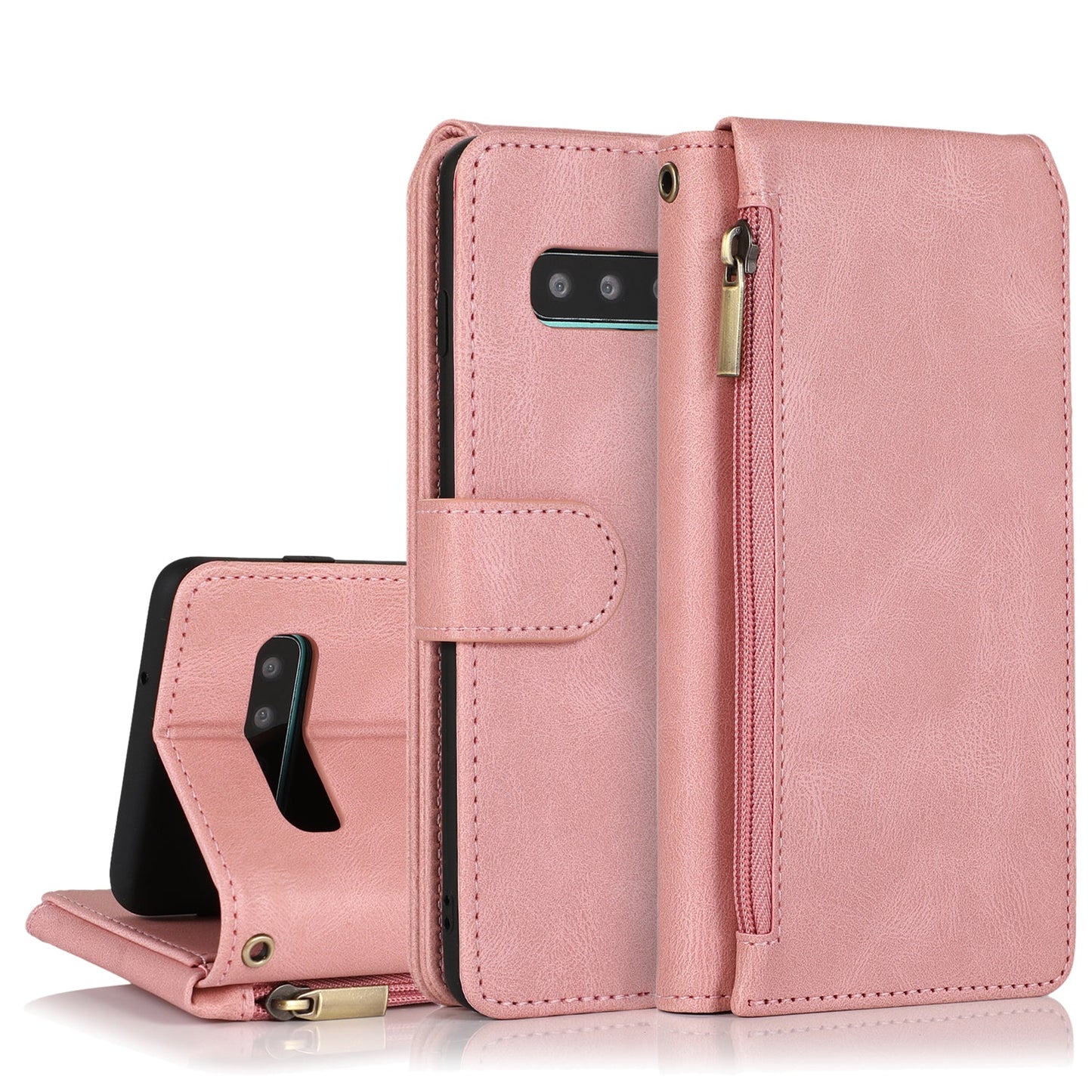 Étui en cuir de luxe avec fermeture éclair et emplacements pour cartes pour Samsung S10 Plus
