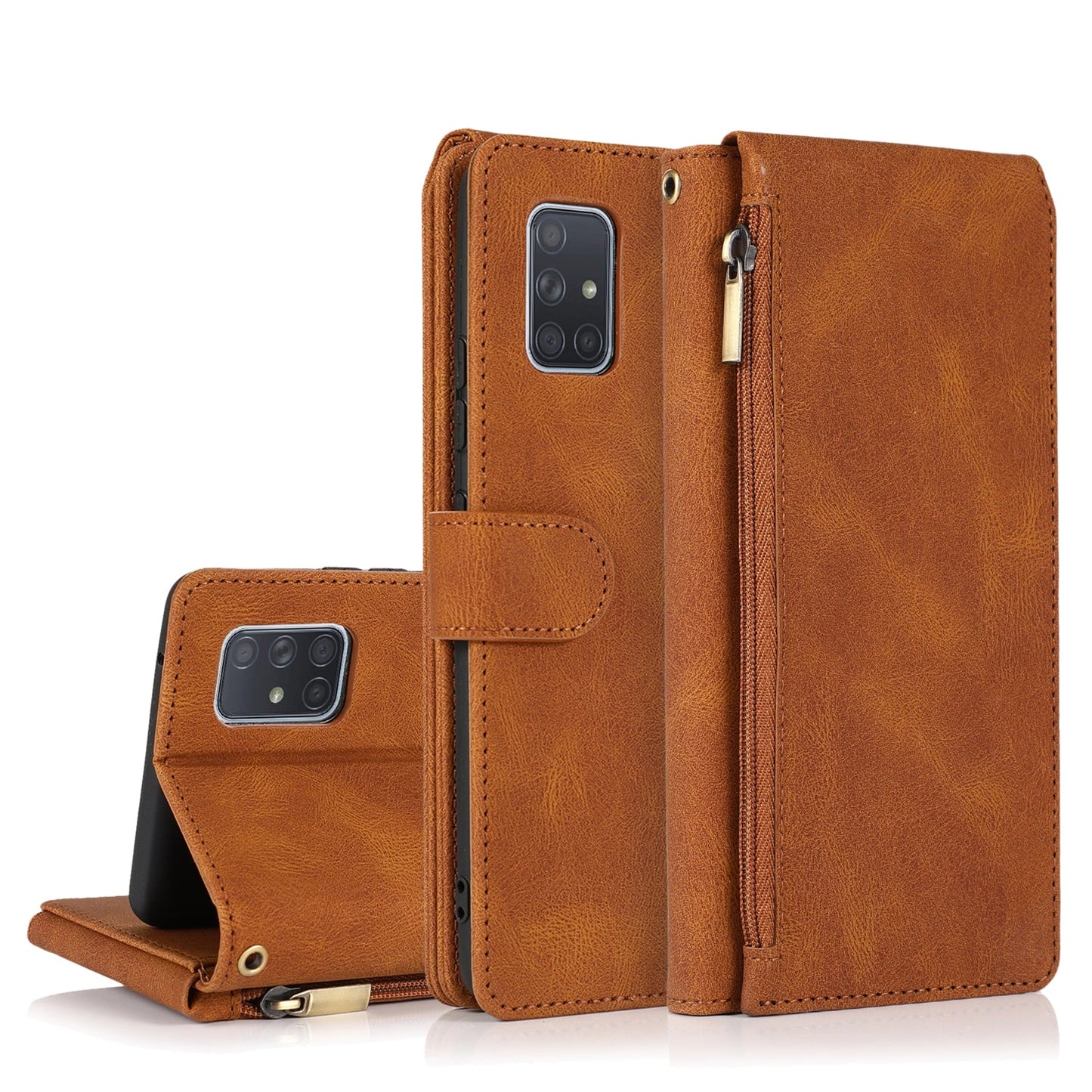 Étui en cuir de luxe à fermeture éclair multi-cartes toucher peau pour Samsung Série A