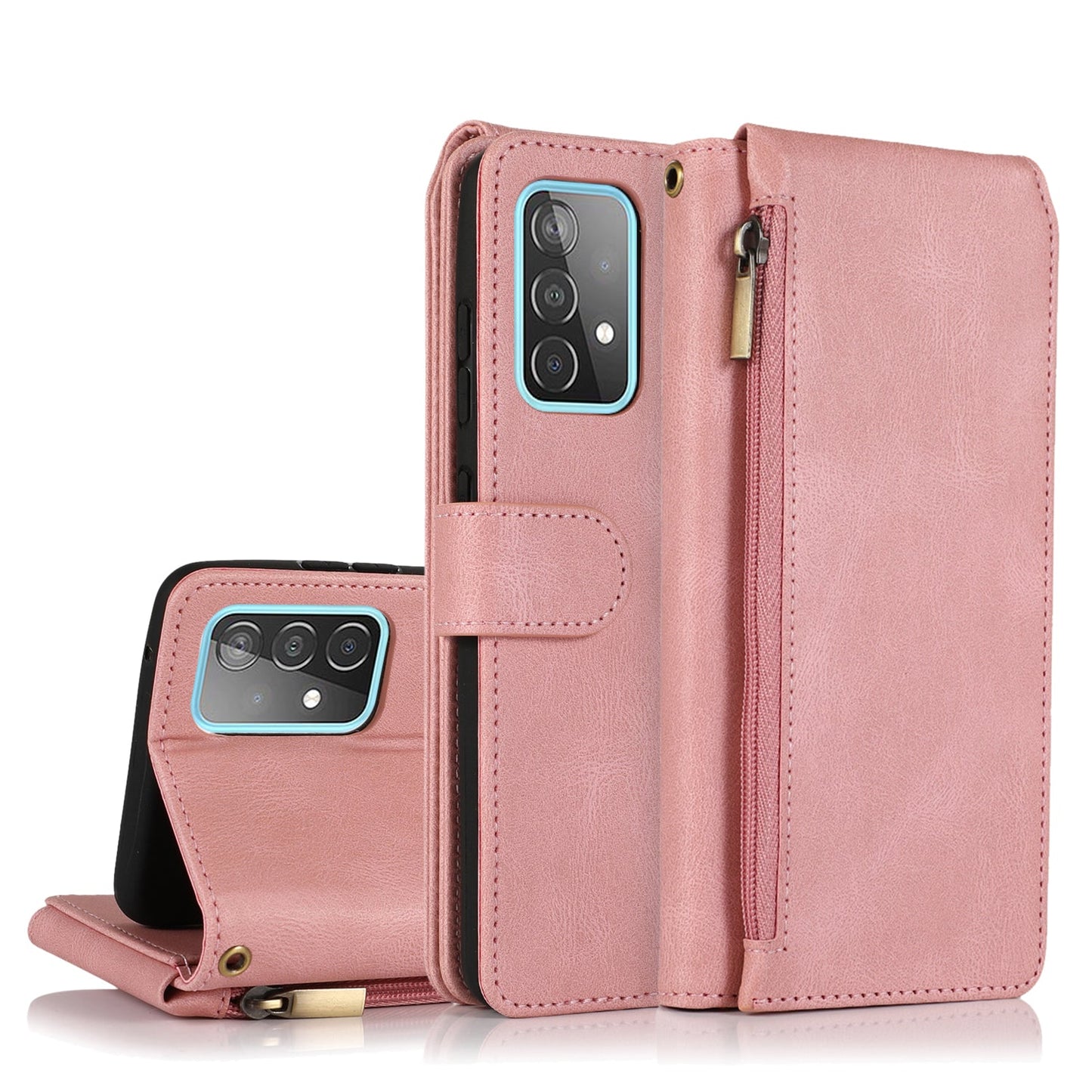 Étui portefeuille en cuir de luxe avec fermeture éclair pour Samsung A52