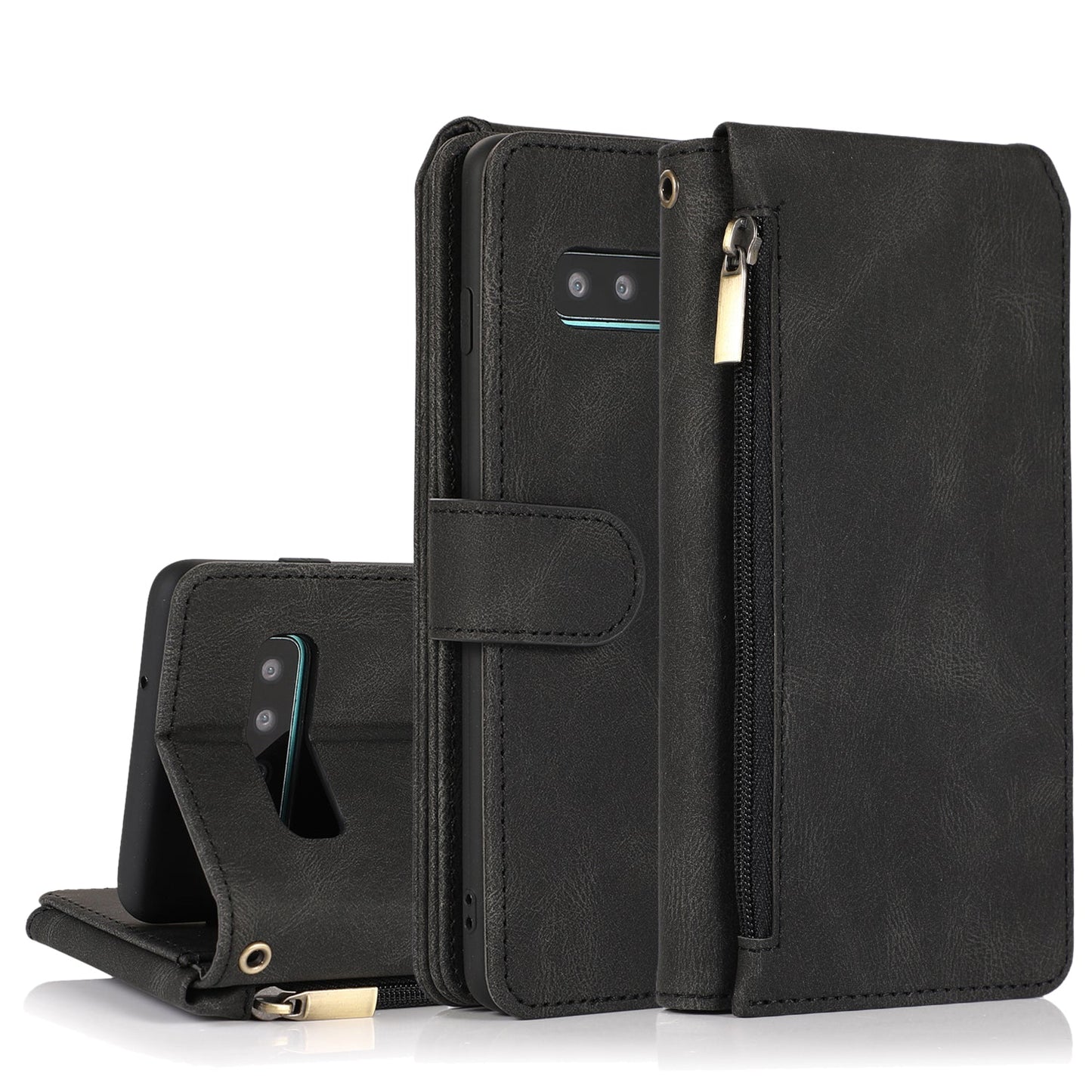 Étui en cuir de luxe avec fermeture éclair et emplacements pour cartes pour Samsung S10 Plus