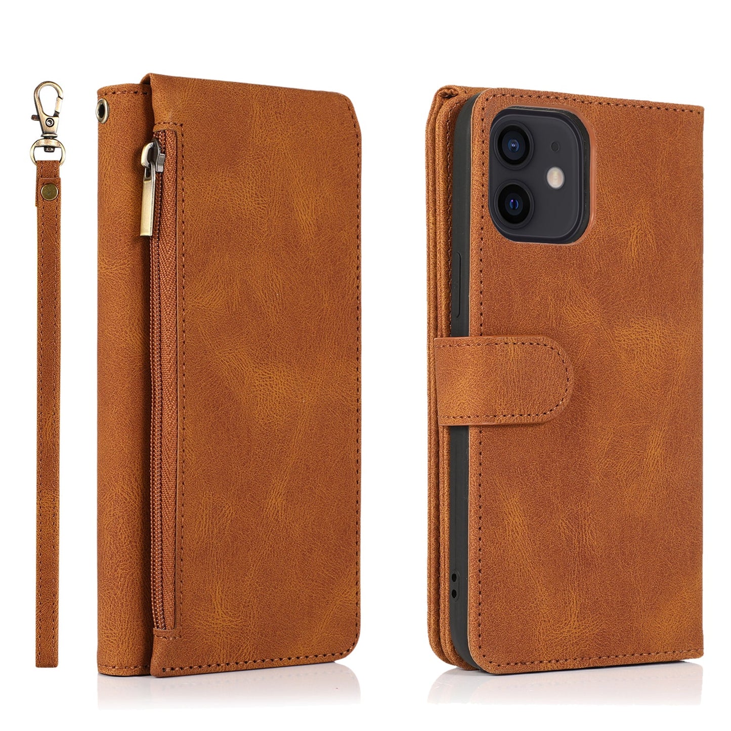 Étui en Cuir à Fermeture Éclair Multi-cartes Sensation Peau Luxueuse Pour iPhone