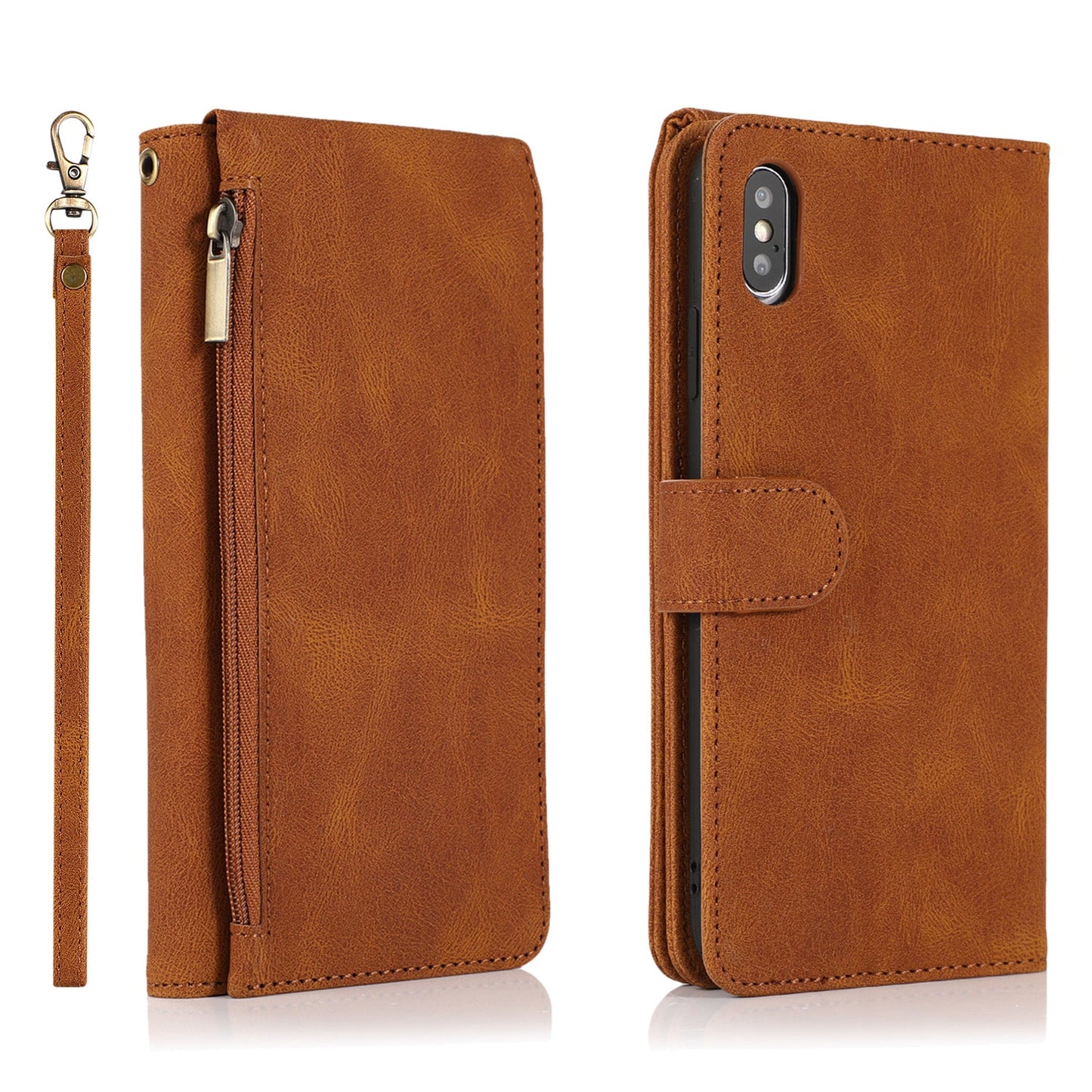 Étui en cuir de luxe à fermeture éclair et porte-cartes pour iPhone X/XS