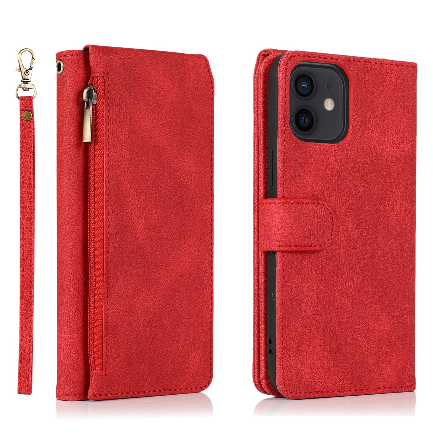 Étui en Cuir à Fermeture Éclair Multi-cartes Sensation Peau Luxueuse Pour iPhone