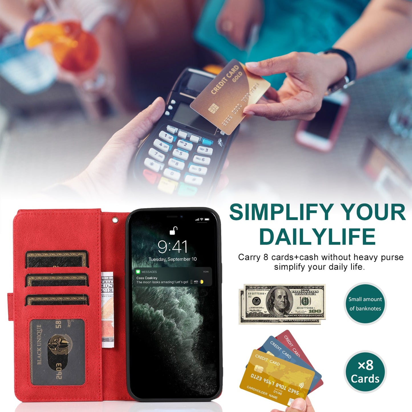 Étui en Cuir à Fermeture Éclair Multi-cartes Sensation Peau Luxueuse Pour iPhone