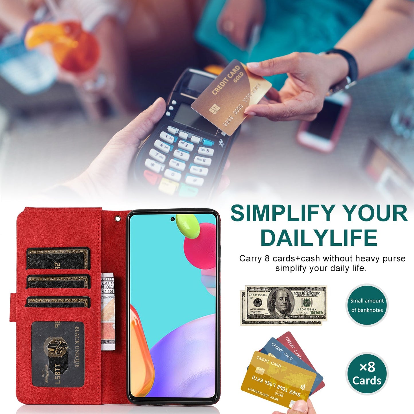 Étui en cuir de luxe à fermeture éclair multi-cartes pour Samsung A72