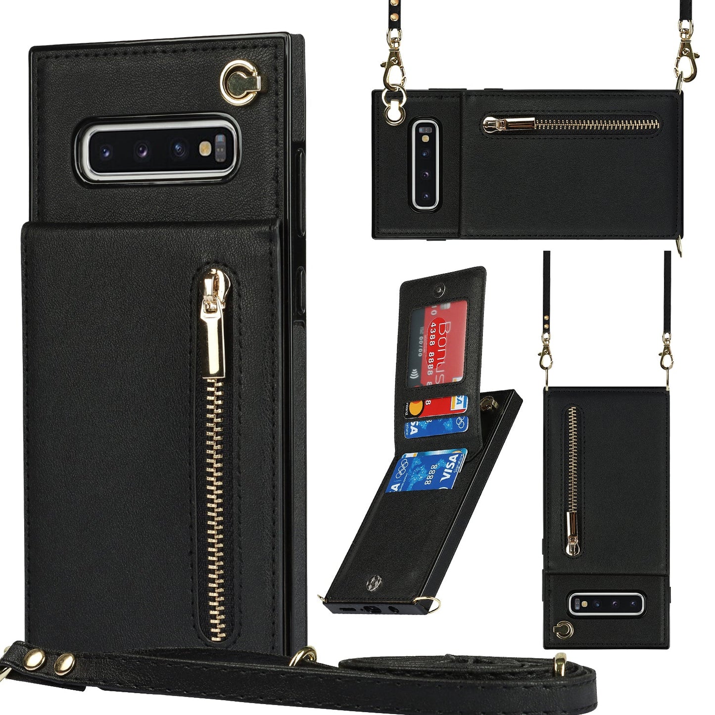 Nouvel étui de téléphone portefeuille à fermeture éclair bandoulière pour Samsung S10