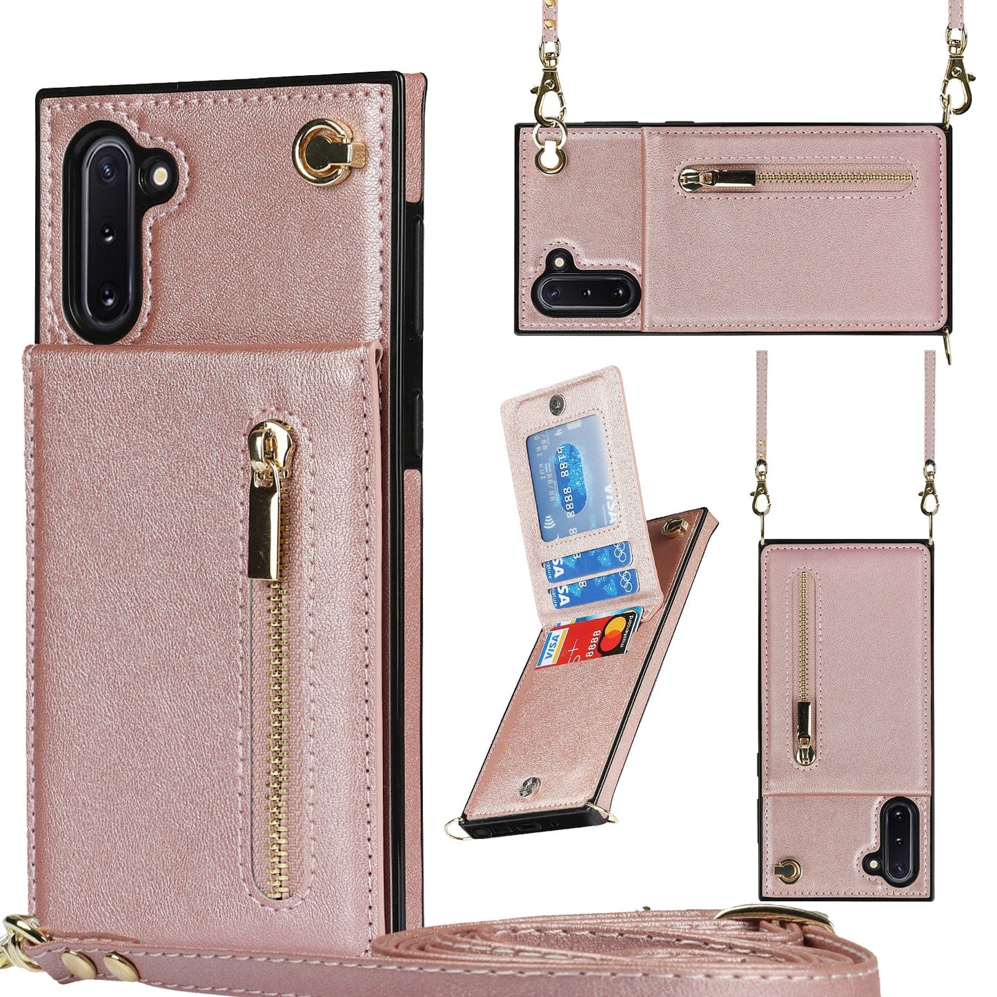 Nouvel étui de téléphone portefeuille à fermeture éclair en bandoulière pour Samsung Note10